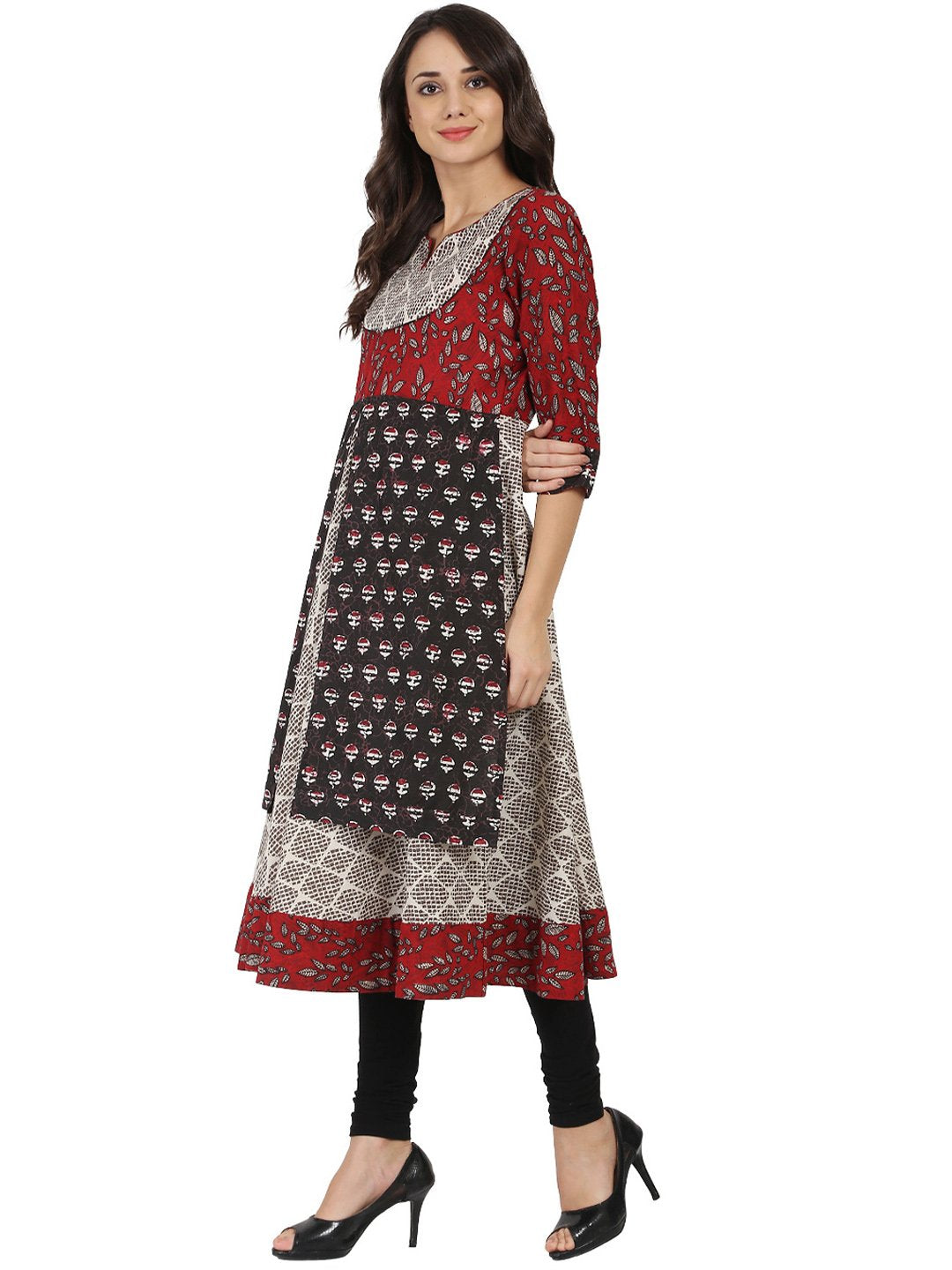 Women's Black Printed 3/4Th Sleeve Double Layer Cotton Anarkali Kurta - Nayo Clothing