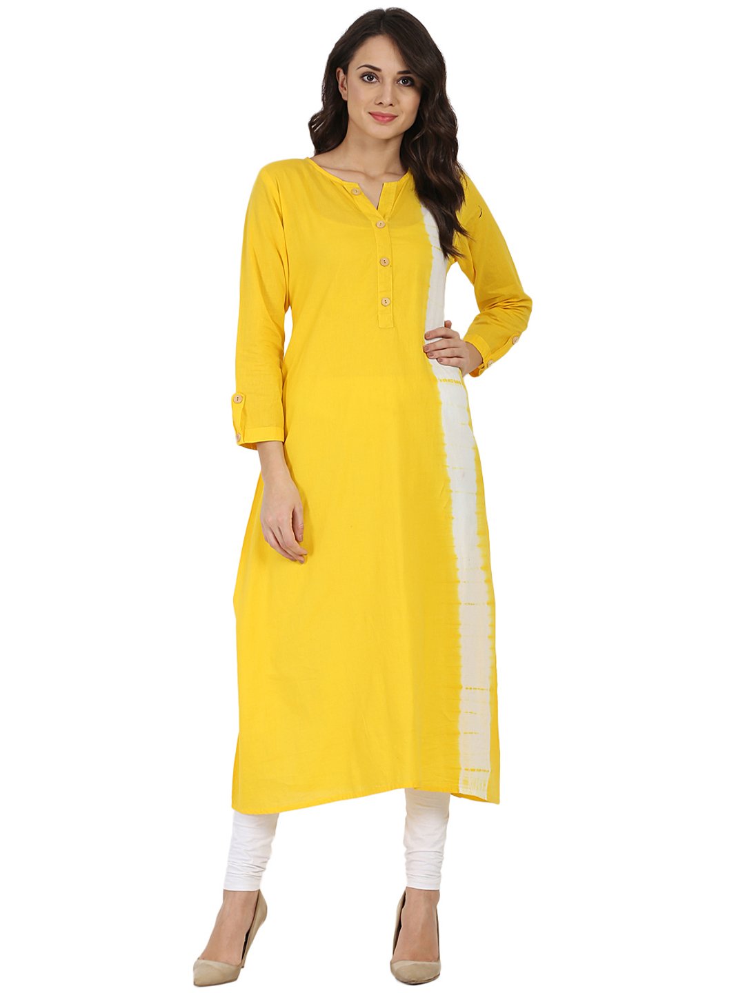 Women's Yellow Tie Dye 3/4Th Sleeve Cotton A-Line Kurta - Nayo Clothing