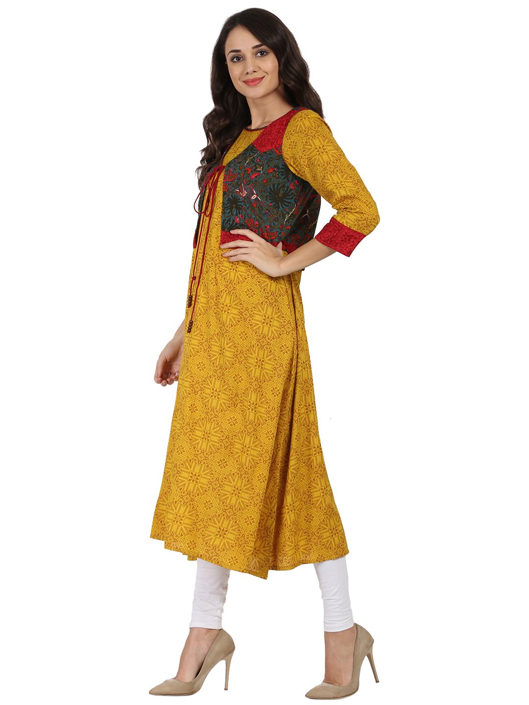 Women's Yellow Printed 3/4Th Sleeve Rayon Anarkali Kurta With Blue Printed Jacket - Nayo Clothing