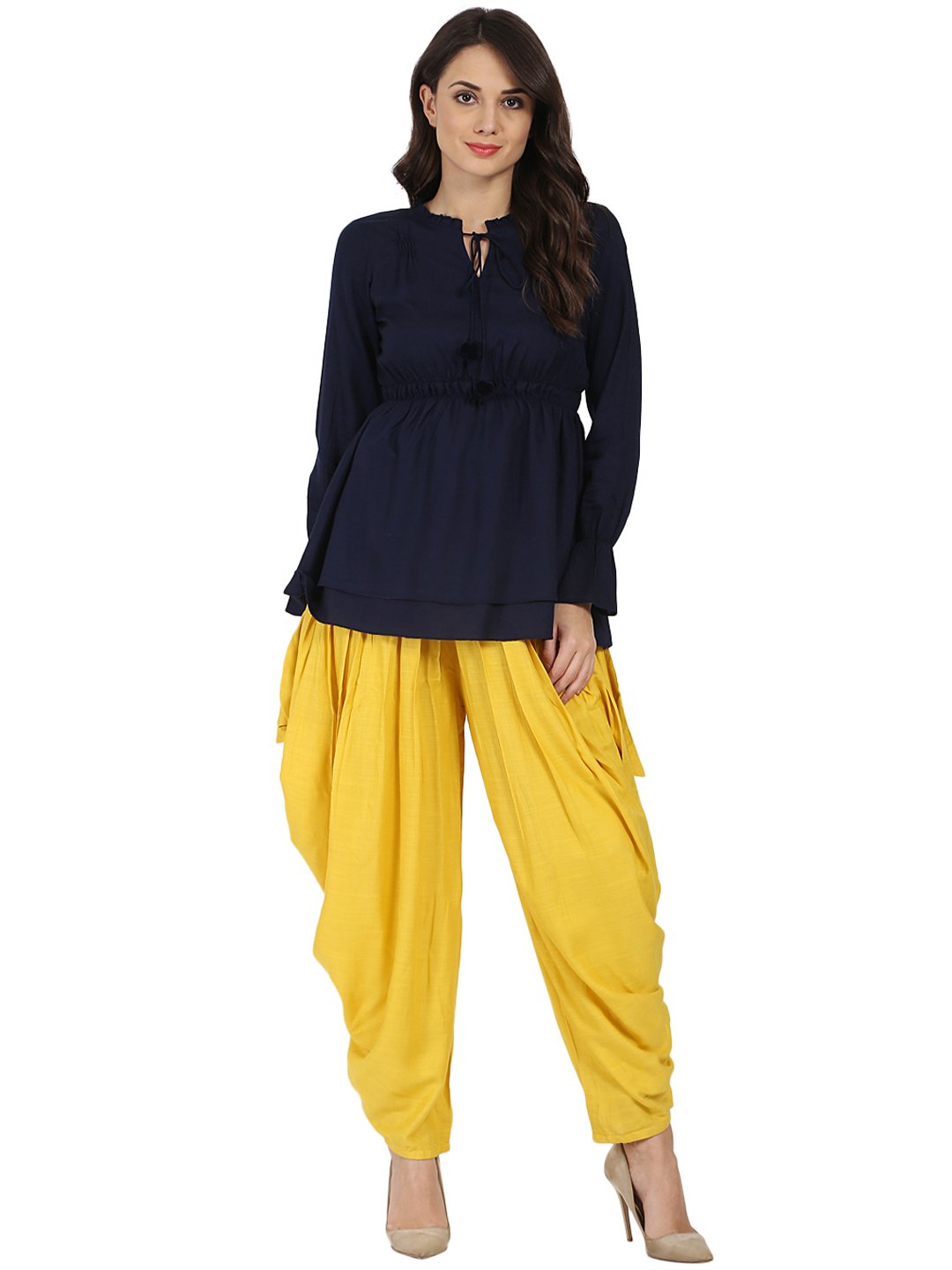 Women's Yellow Rayon Slub Ankle Length Pleated Dhoti - Nayo Clothing