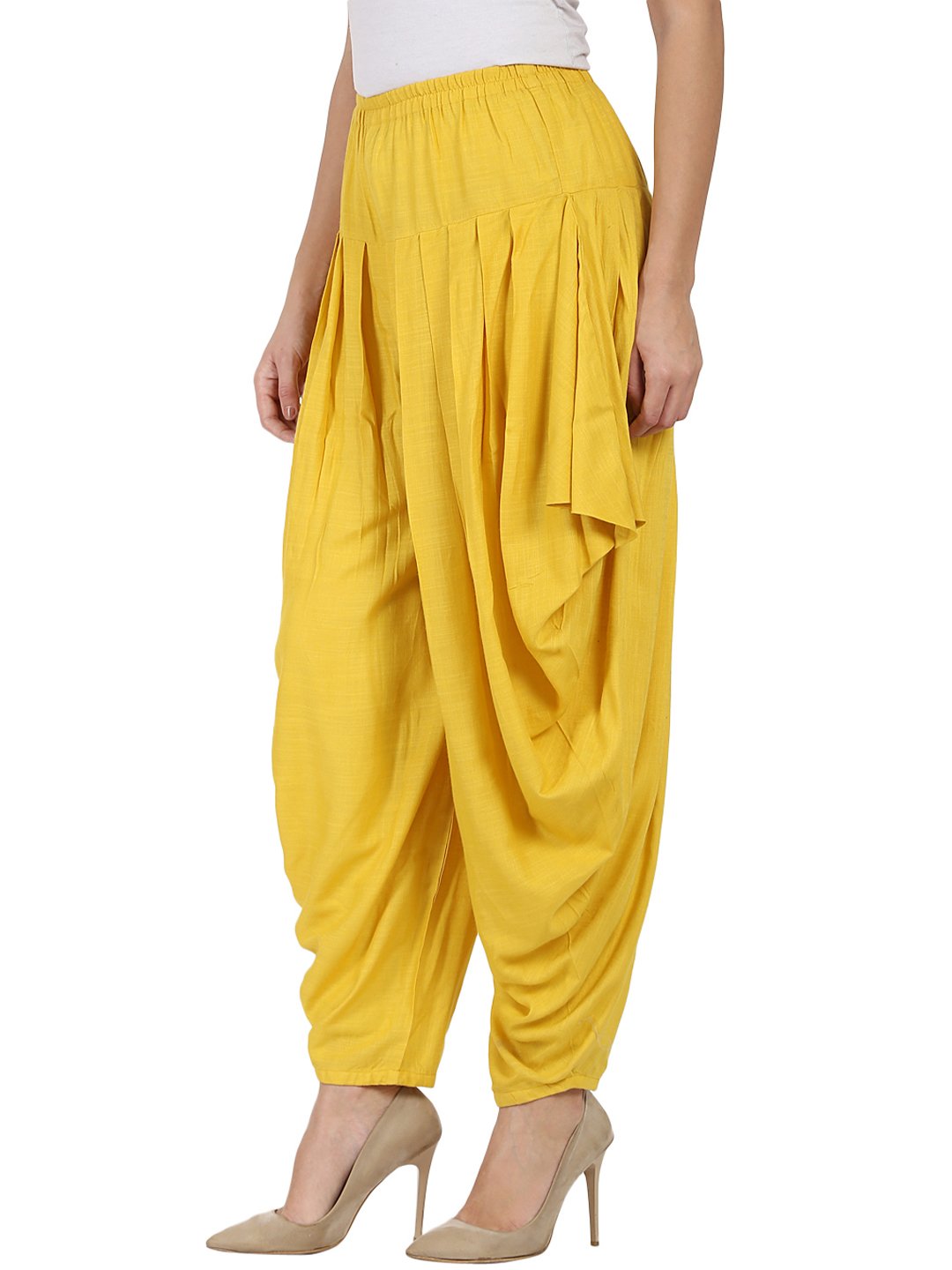 Women's Yellow Rayon Slub Ankle Length Pleated Dhoti - Nayo Clothing