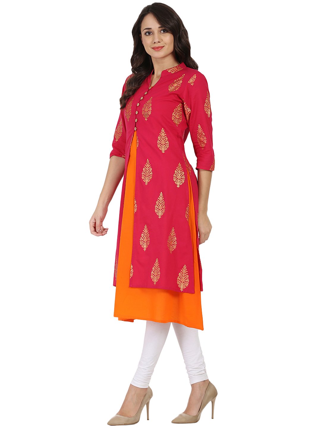 Women's Red And Orange Printed 3/4Th Sleeve Double Layer Cotton Kurta - Nayo Clothing