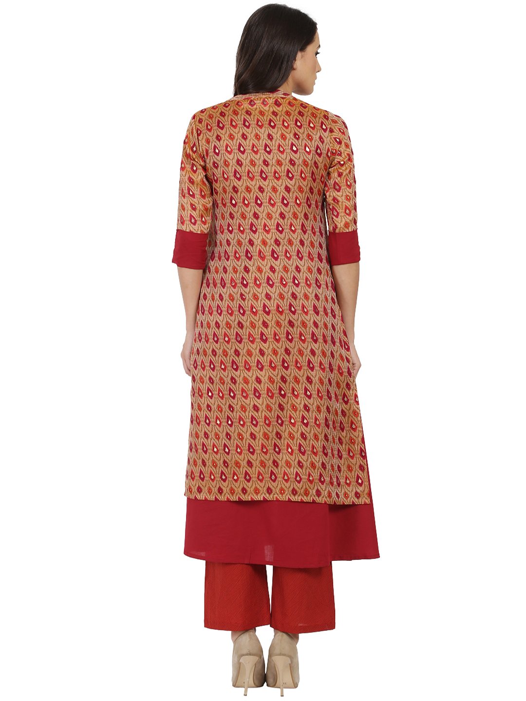 Women's Red Printed 3/4Th Sleeve Chandri Double Layer Kurta - Nayo Clothing