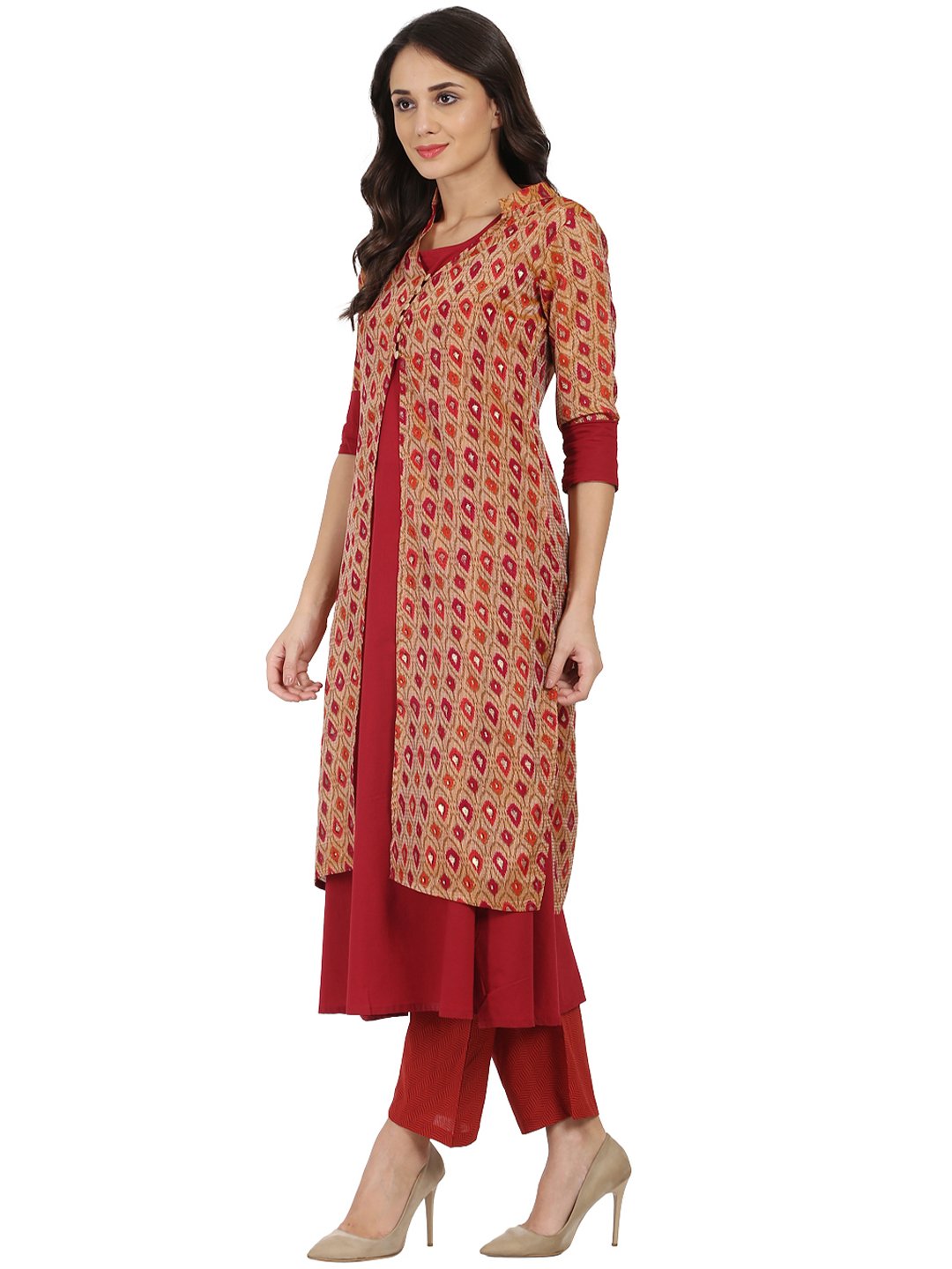 Women's Red Printed 3/4Th Sleeve Chandri Double Layer Kurta - Nayo Clothing