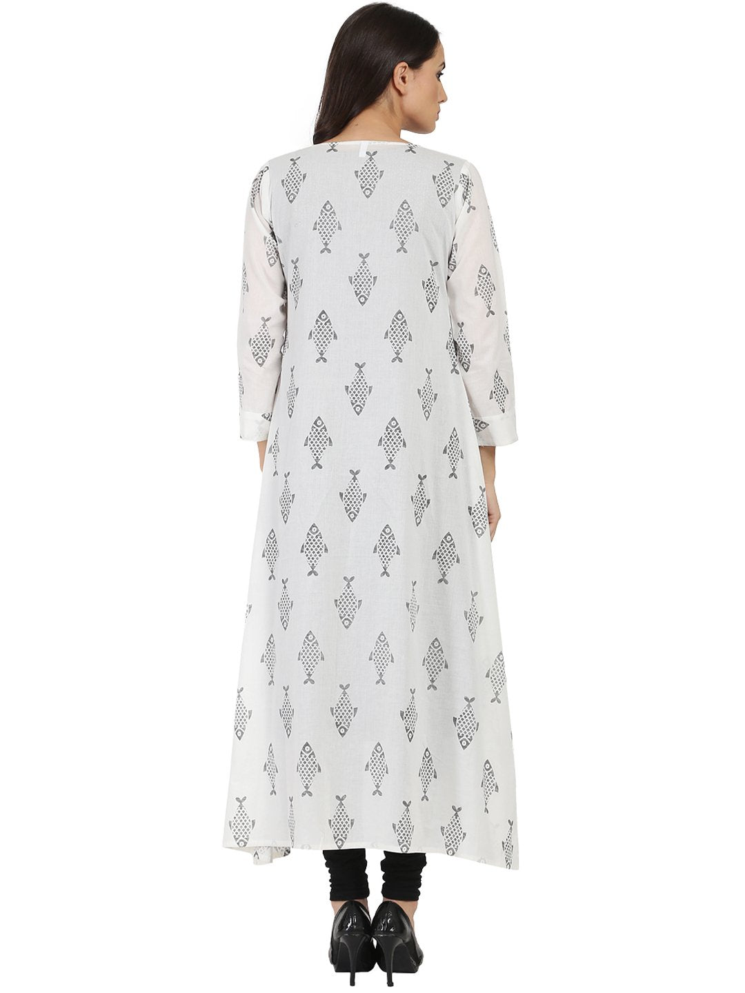 Women's Dark Grey Sleevelss Cotton A-Line Kurta With White Printed Long Jacket Open At Front - Nayo Clothing