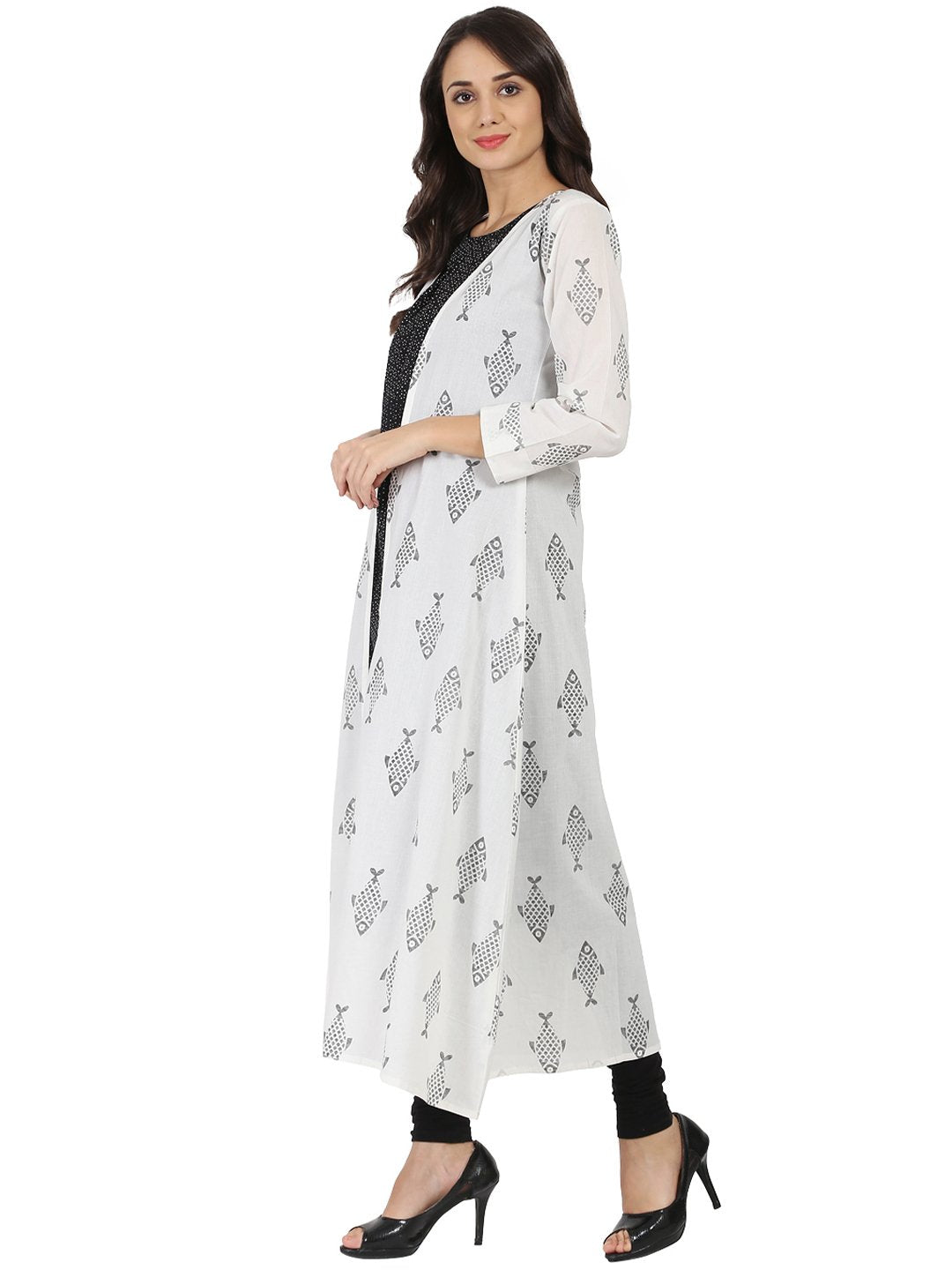 Women's Dark Grey Sleevelss Cotton A-Line Kurta With White Printed Long Jacket Open At Front - Nayo Clothing