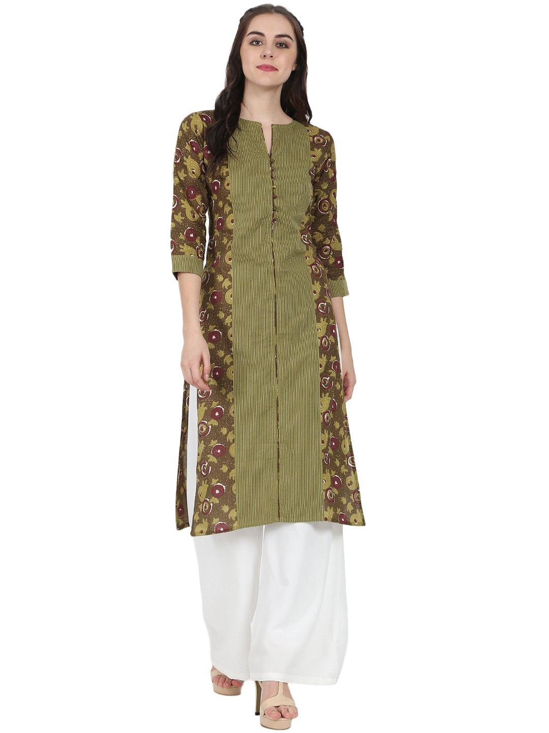 Women's Green Printed 3/4Th Sleeve Cotton Kurta - Nayo Clothing