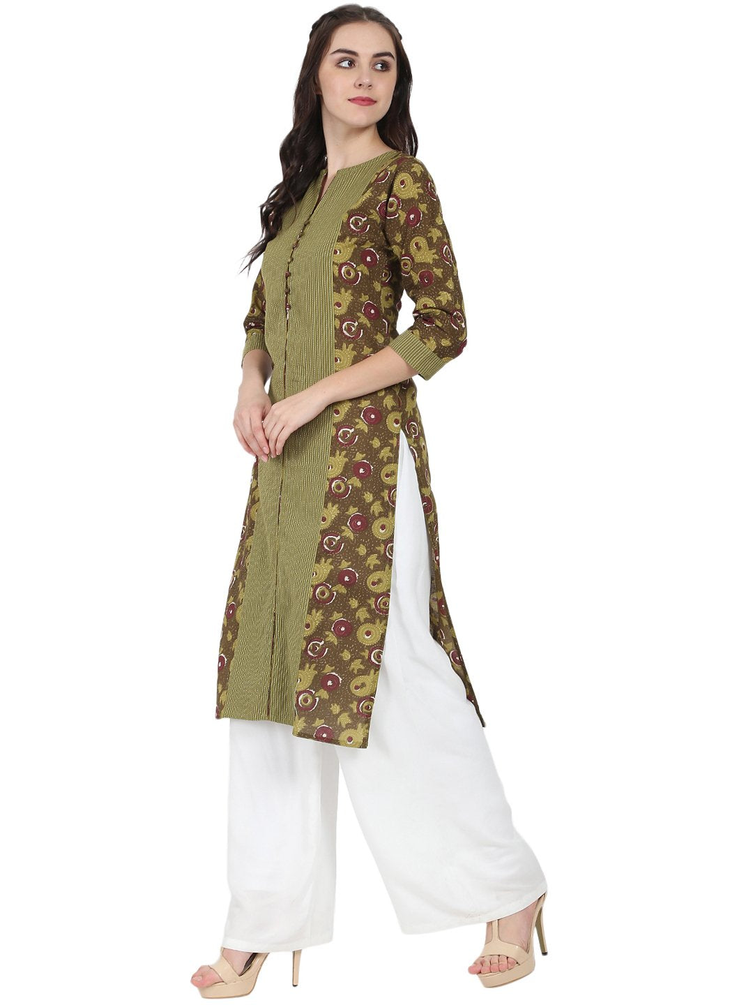 Women's Green Printed 3/4Th Sleeve Cotton Kurta - Nayo Clothing