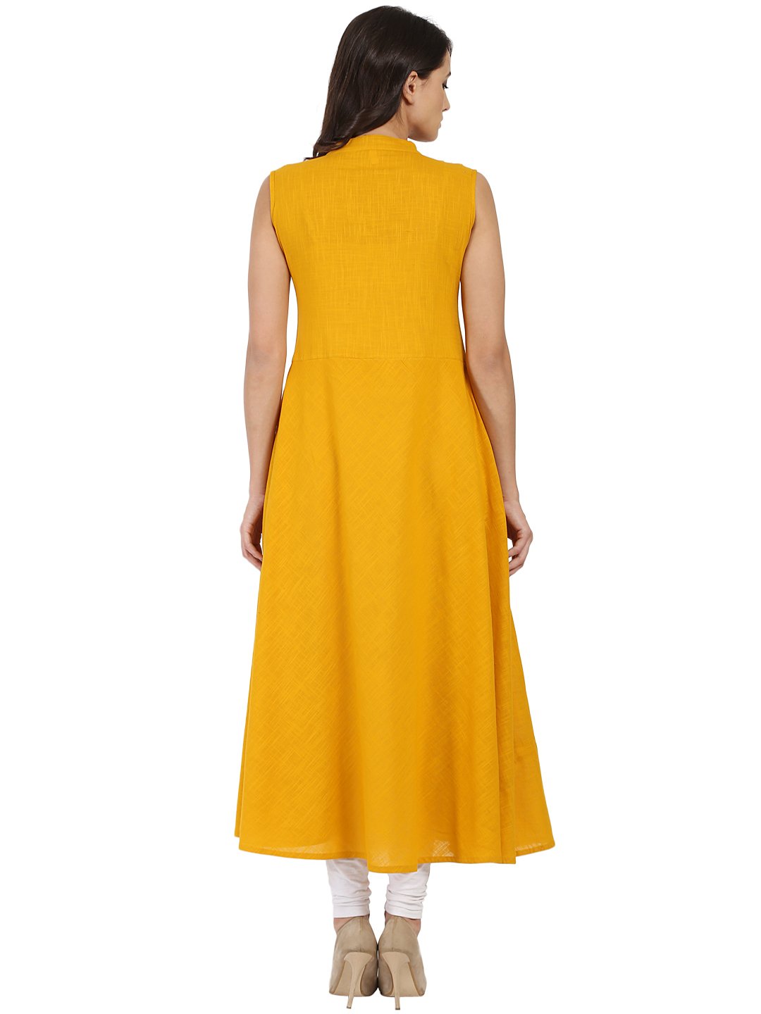 Women's Mustard Sleeveless Cotton Slub A-Line Kurta - Nayo Clothing