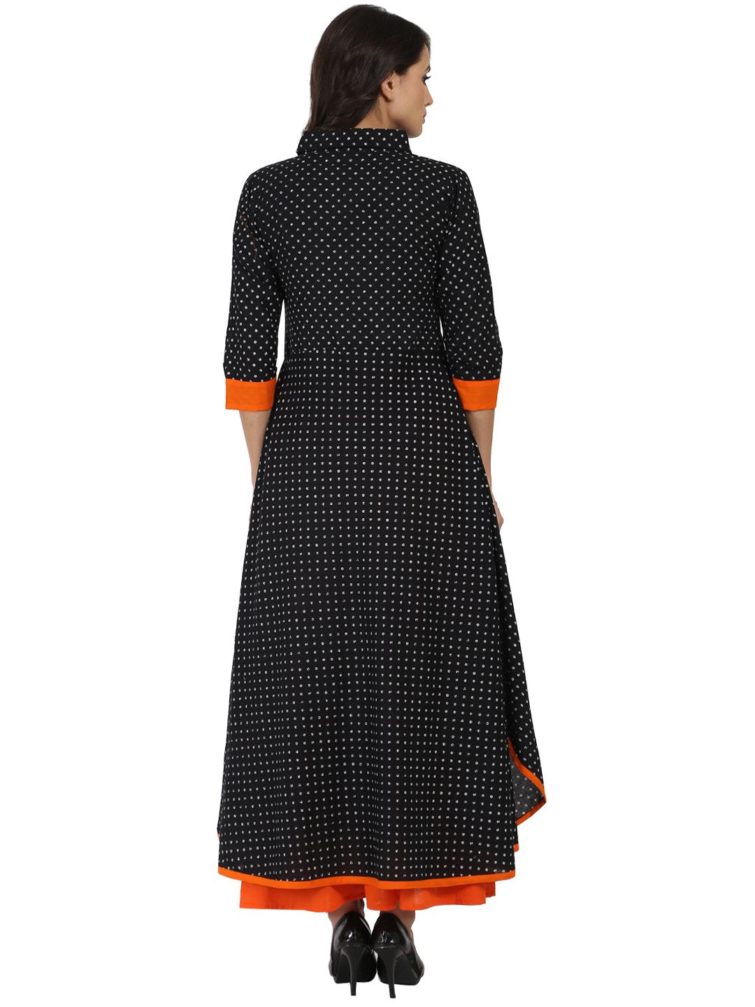 Women's Black Printed 3/4Th Sleeve Pathani Shape Kurta - Nayo Clothing