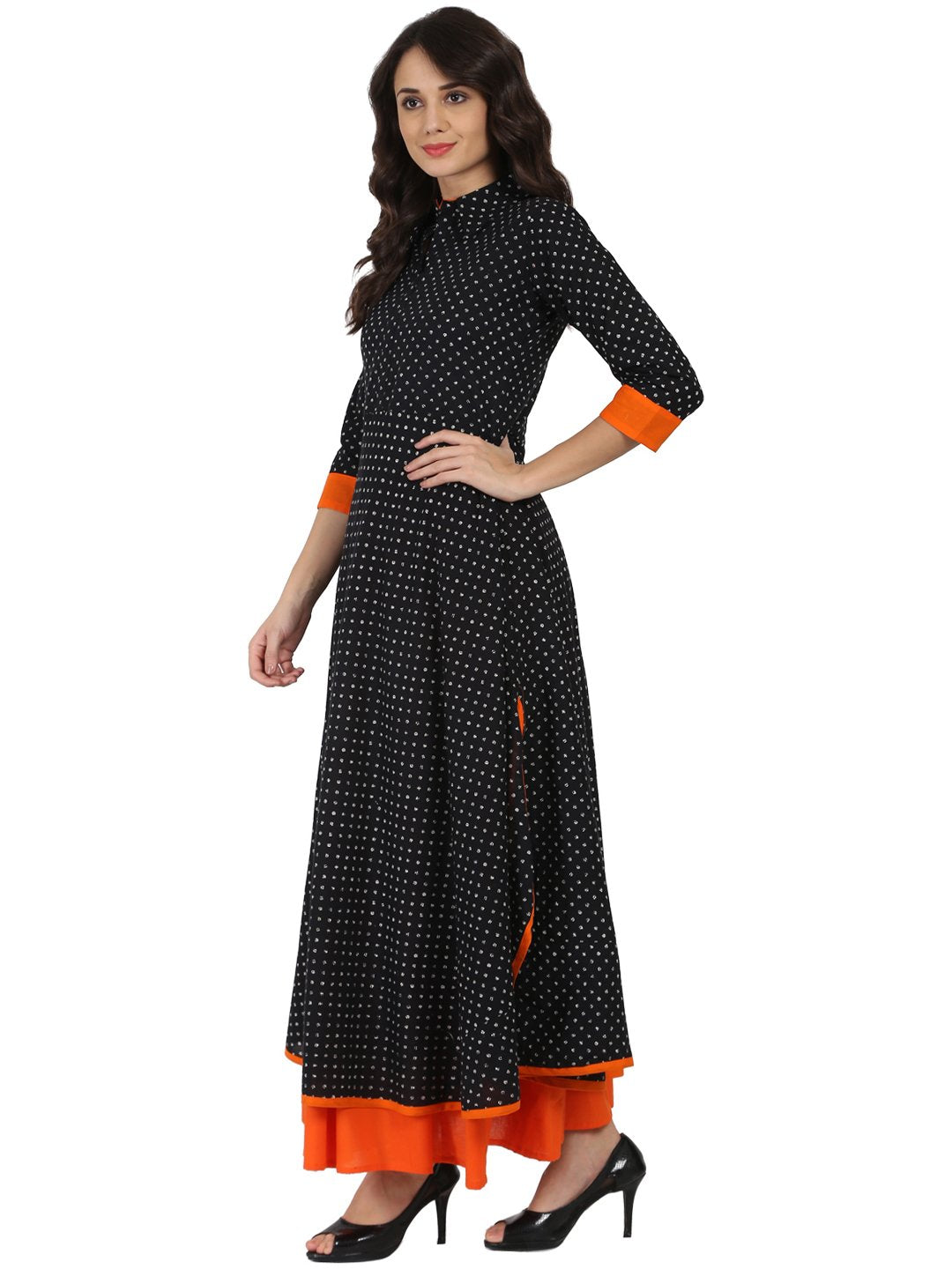 Women's Black Printed 3/4Th Sleeve Pathani Shape Kurta - Nayo Clothing