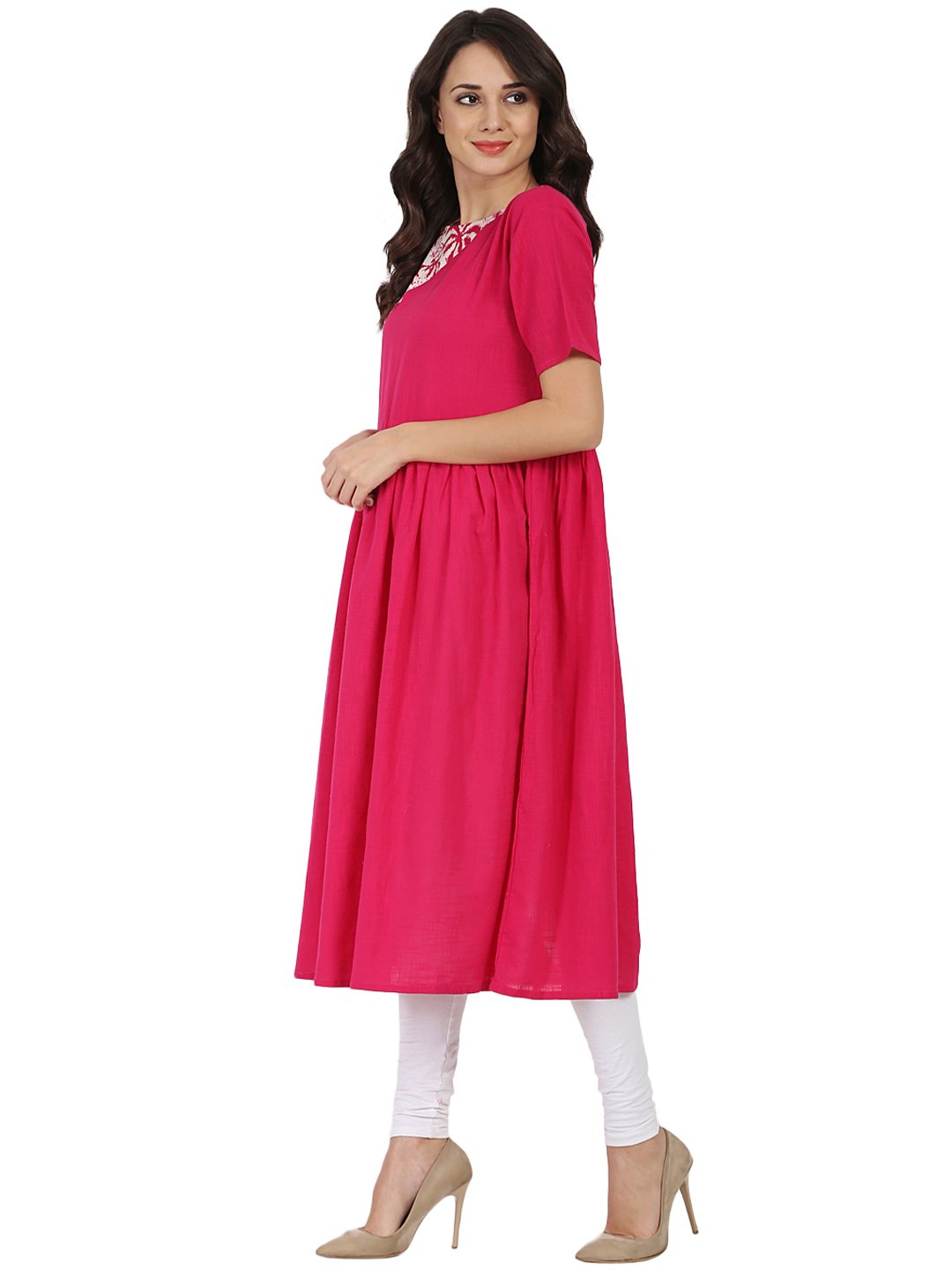 Women's Pink Half Sleeve Cotton Anarkali Kurta - Nayo Clothing