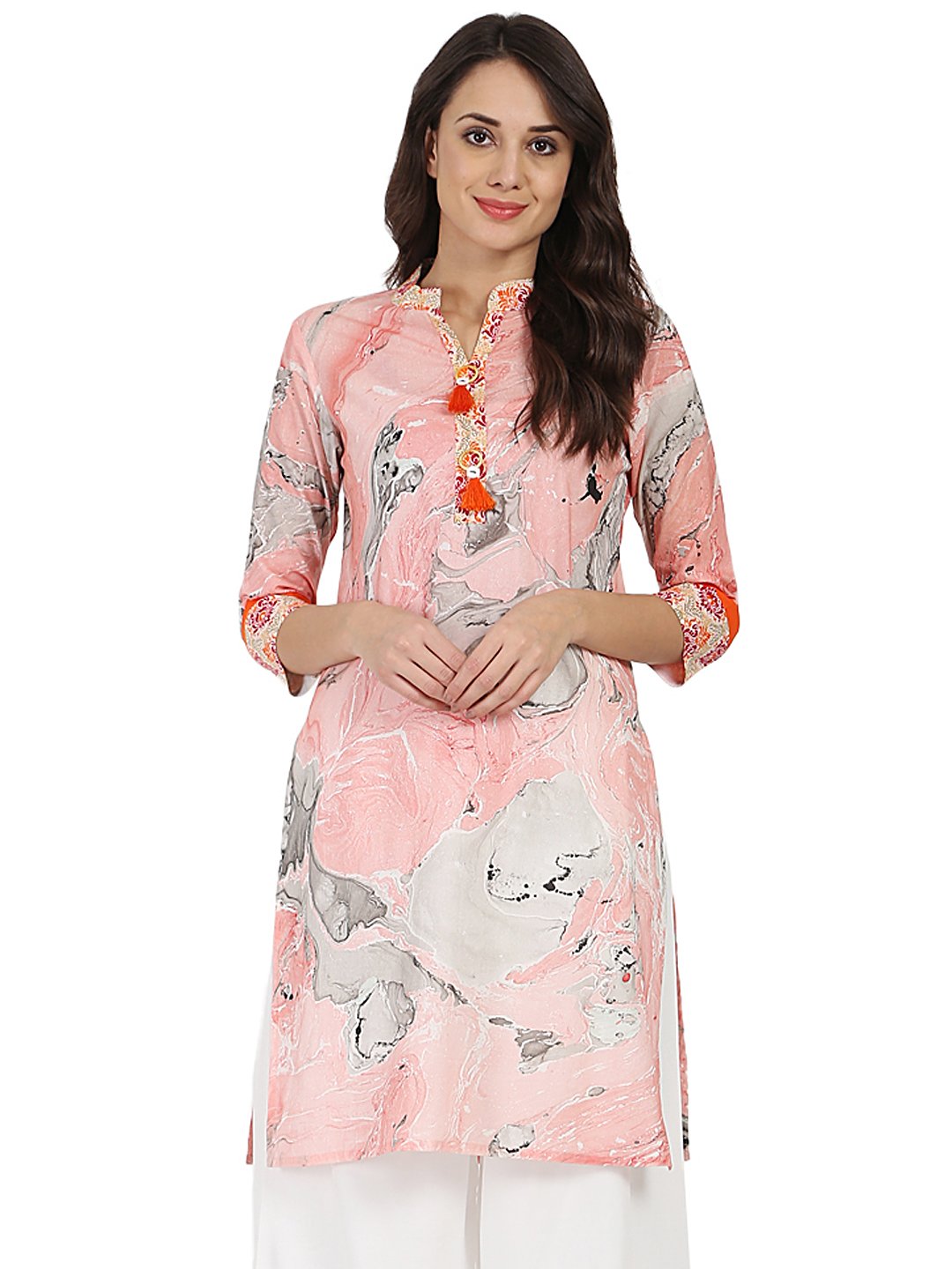 Women's Peach Marval Printed 3/4Th Sleeve Cotton Kurta - Nayo Clothing