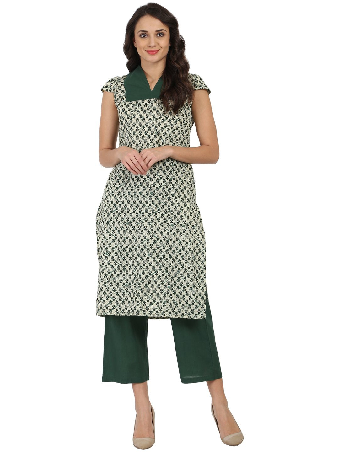 Women's Green Sleeveless Cotton Kurta With Green Palazzo - Nayo Clothing