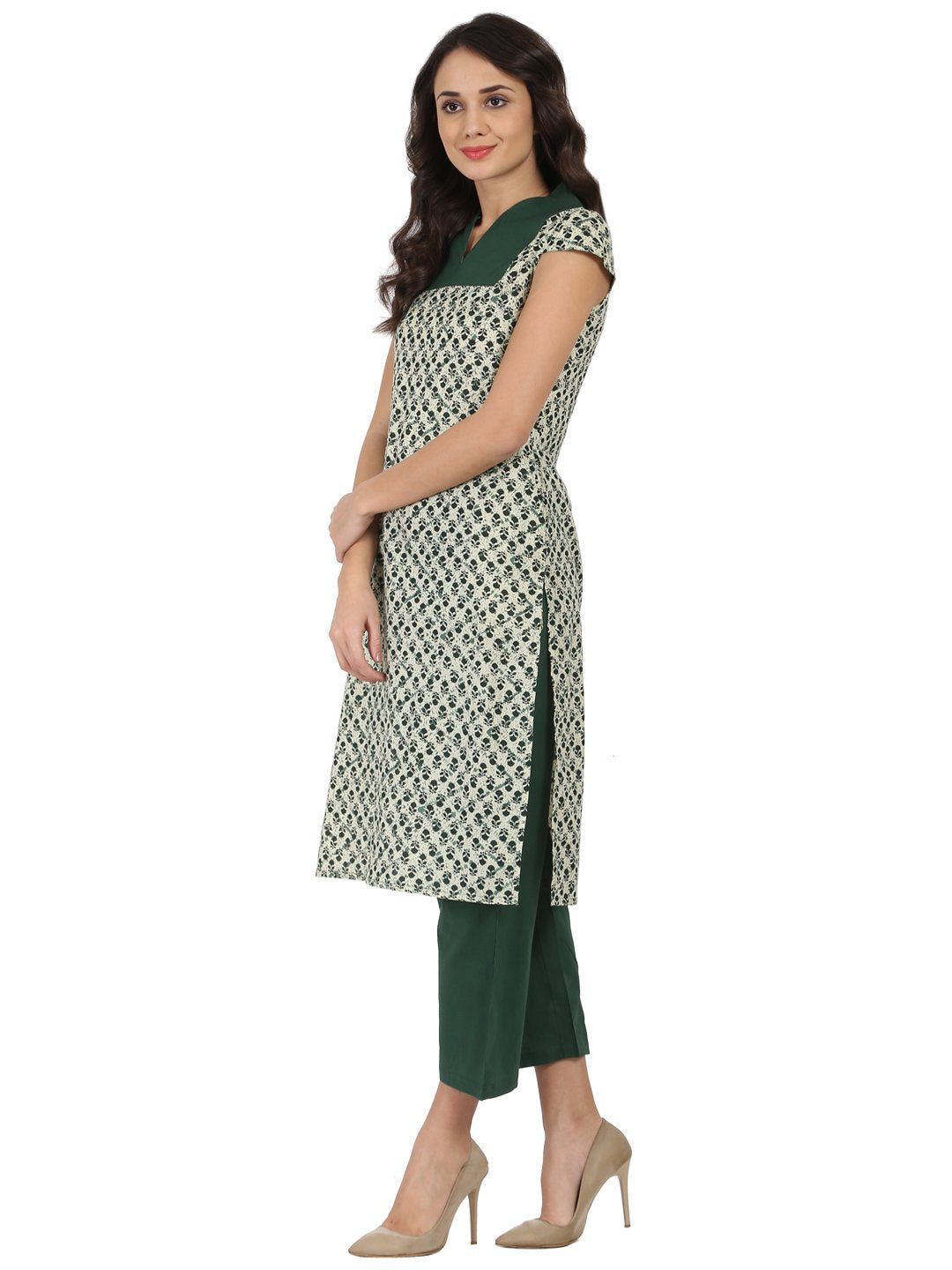 Women's Green Sleeveless Cotton Kurta With Green Palazzo - Nayo Clothing