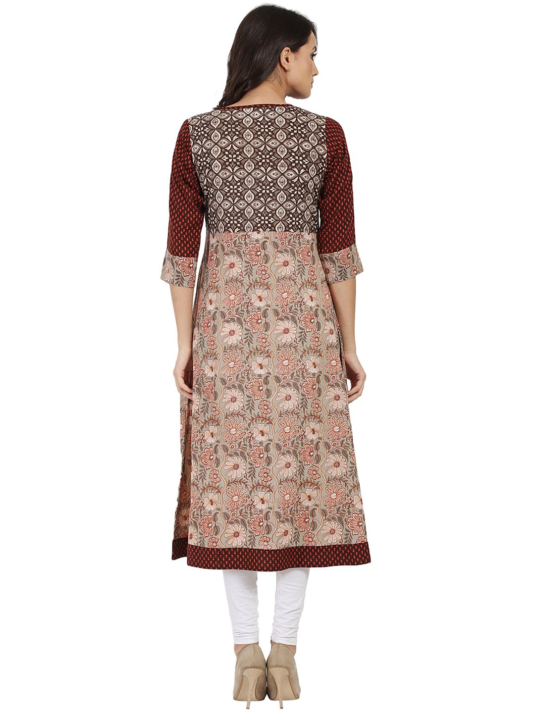 Women's Brown Printed 3/4Th Sleeve Cotton   A-Line Kurta - Nayo Clothing