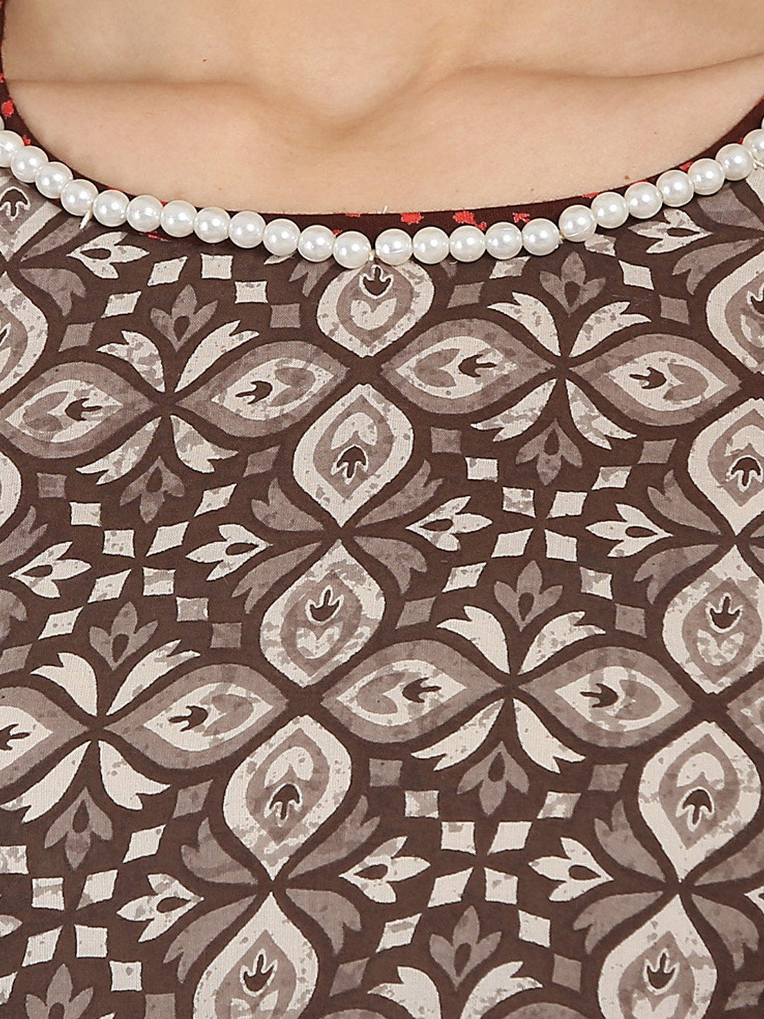 Women's Brown Printed 3/4Th Sleeve Cotton   A-Line Kurta - Nayo Clothing