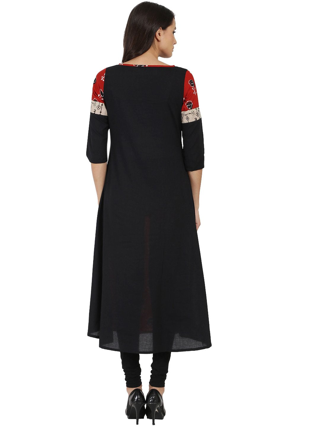 Women's Black & Red Printed Half Sleeve Cotton A-Line Kurta - Nayo Clothing