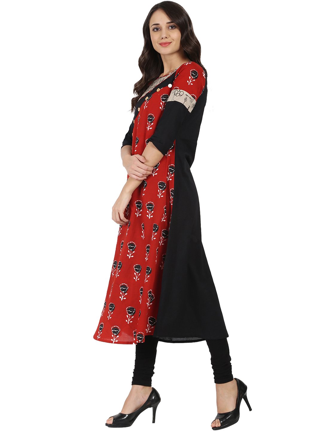 Women's Black & Red Printed Half Sleeve Cotton A-Line Kurta - Nayo Clothing