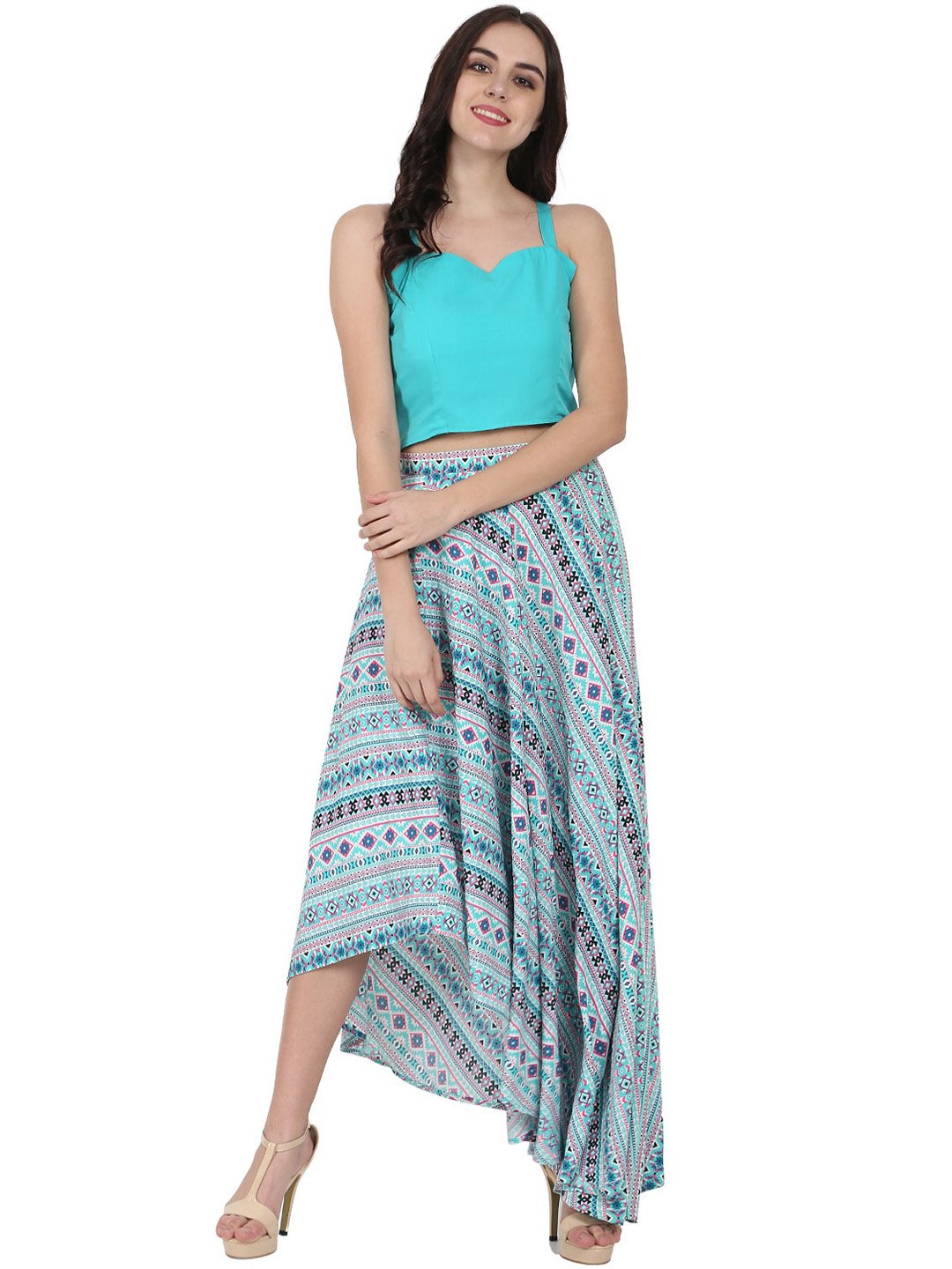 Women's Blue Sleeveless Crepe Crop Top With Flared Printed Assymetric Skirt - Nayo Clothing