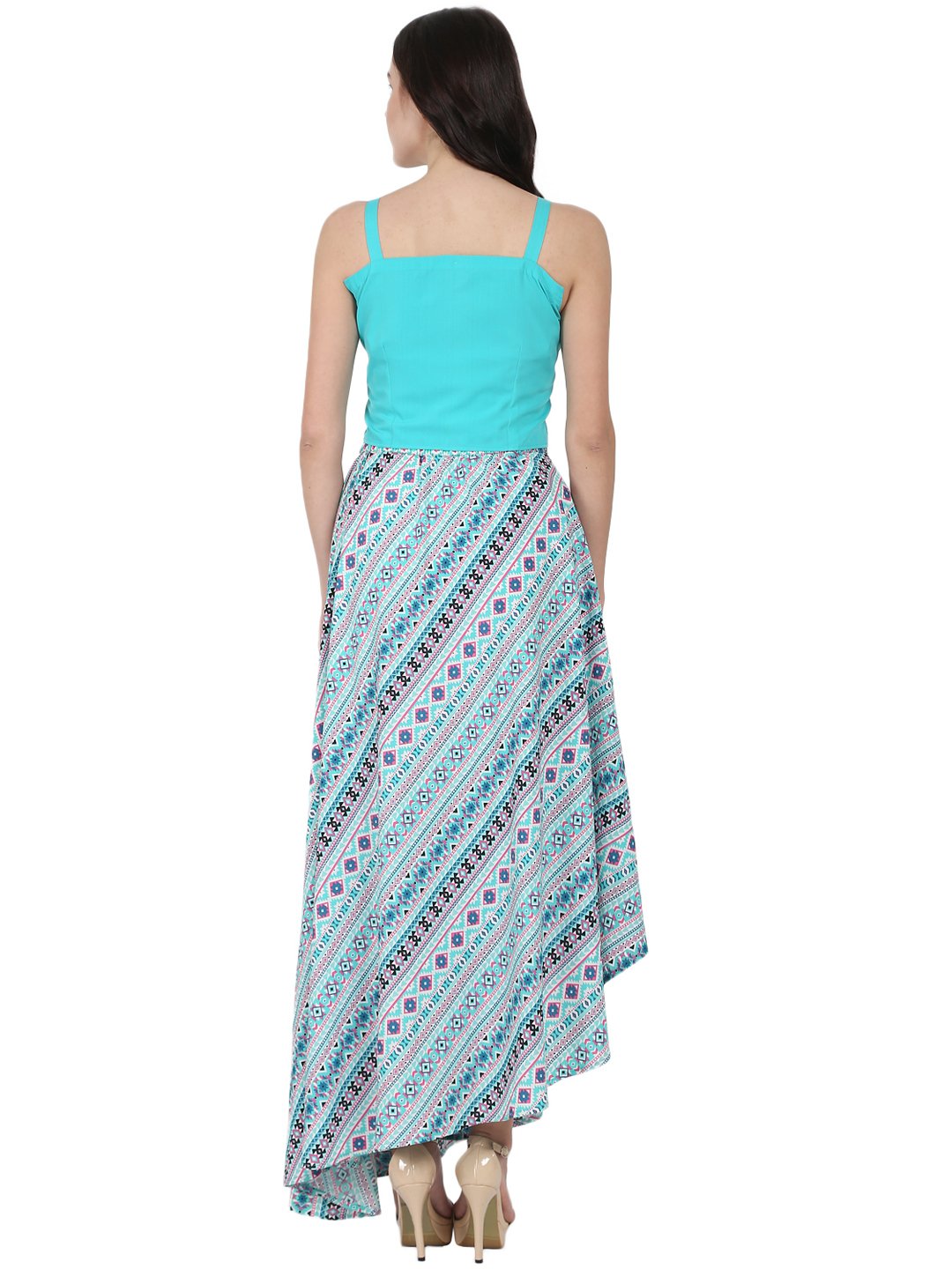 Women's Blue Sleeveless Crepe Crop Top With Flared Printed Assymetric Skirt - Nayo Clothing