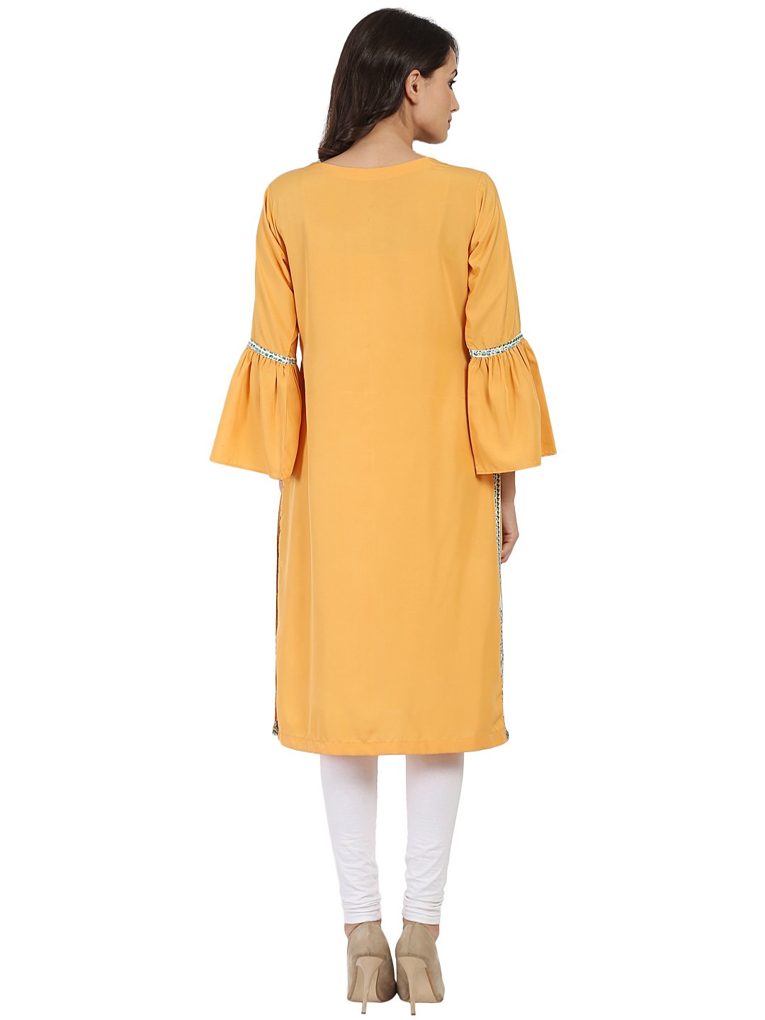 Women's Yellow 3/4Th Sleeve Crepe Kurta With Dori Work At Yoke - Nayo Clothing