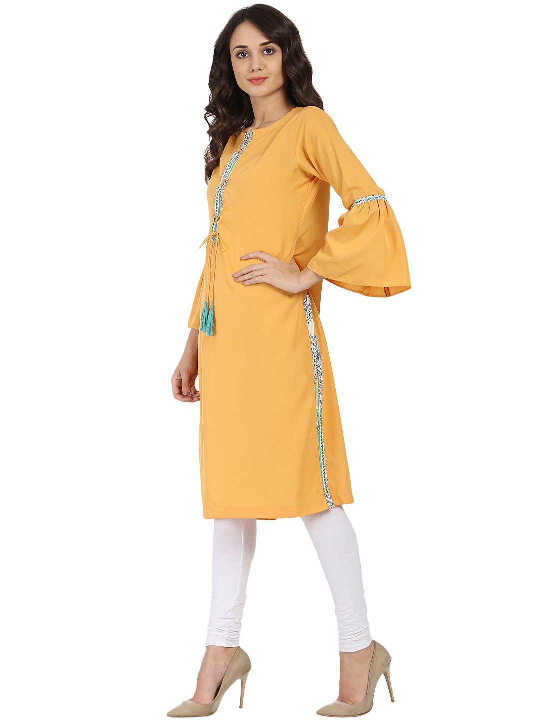 Women's Yellow 3/4Th Sleeve Crepe Kurta With Dori Work At Yoke - Nayo Clothing