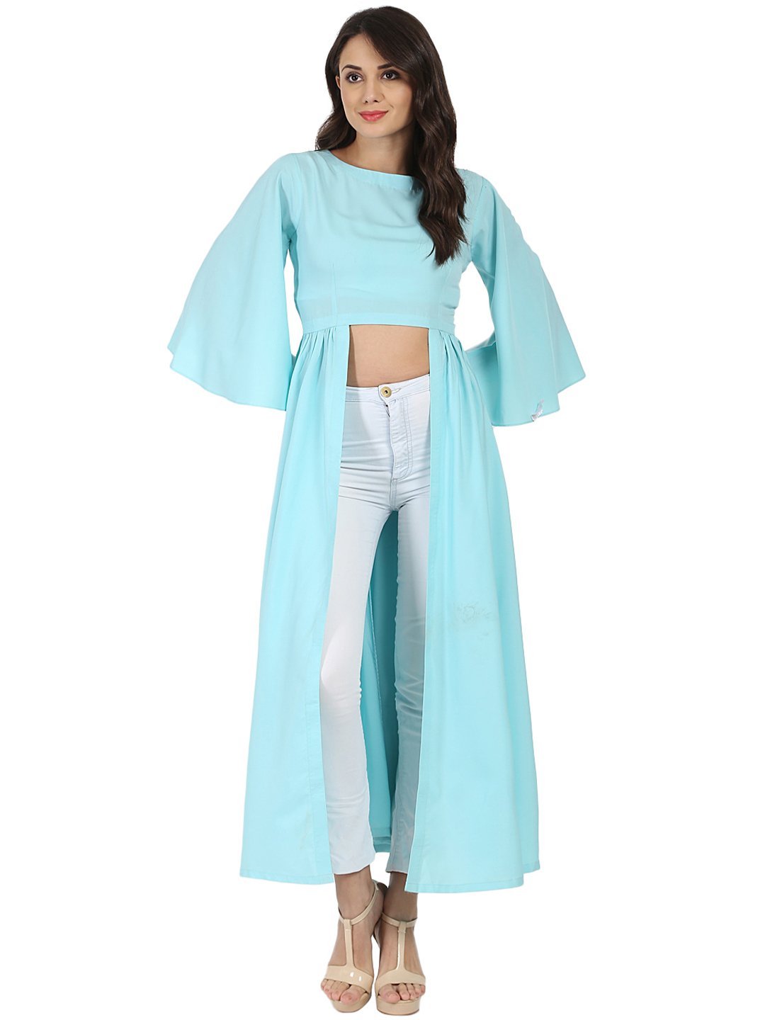 Women's Blue Half Sleeve Crepe A-Line Kurta - Nayo Clothing