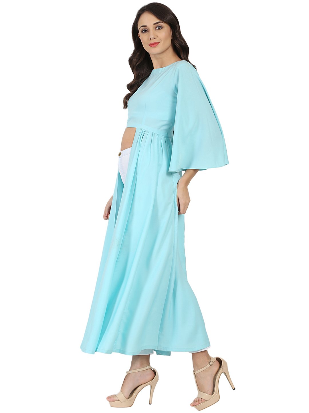 Women's Blue Half Sleeve Crepe A-Line Kurta - Nayo Clothing