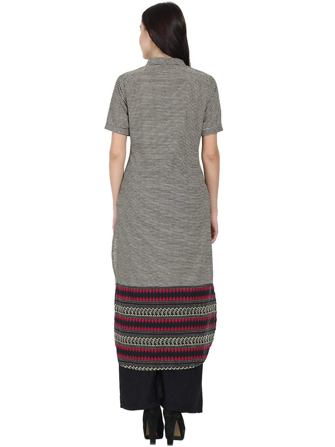 Women's Black Printed Half Sleeve Cotton Long Kurta - Nayo Clothing
