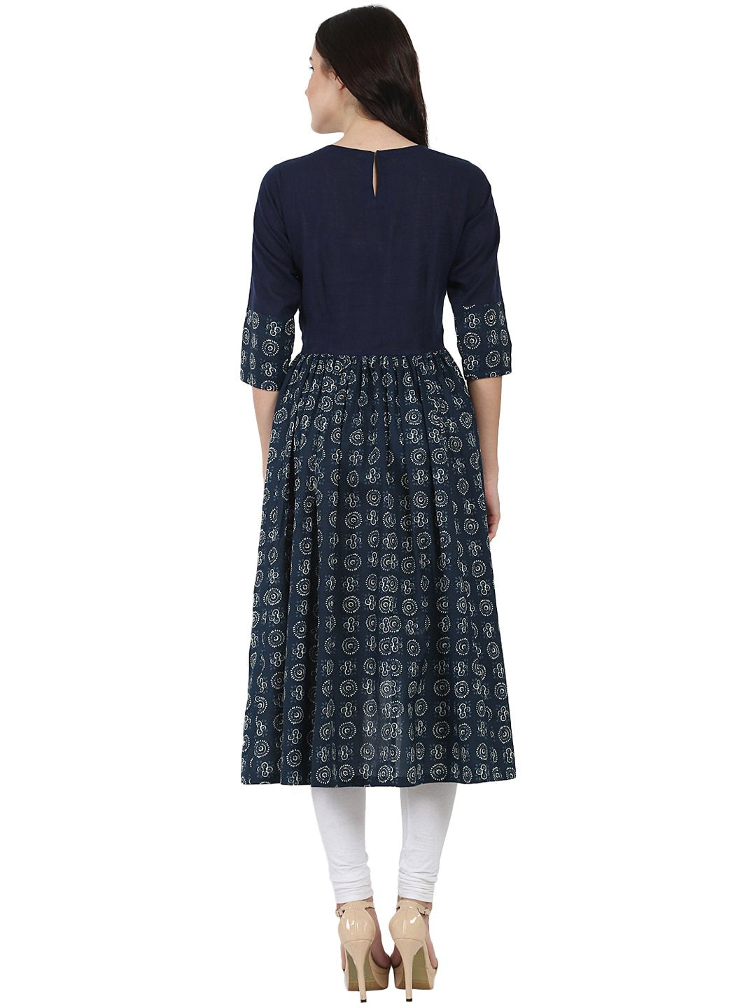 Women's Blue Printed 3/4Th Sleeve Cotton Anarkali Kurta - Nayo Clothing