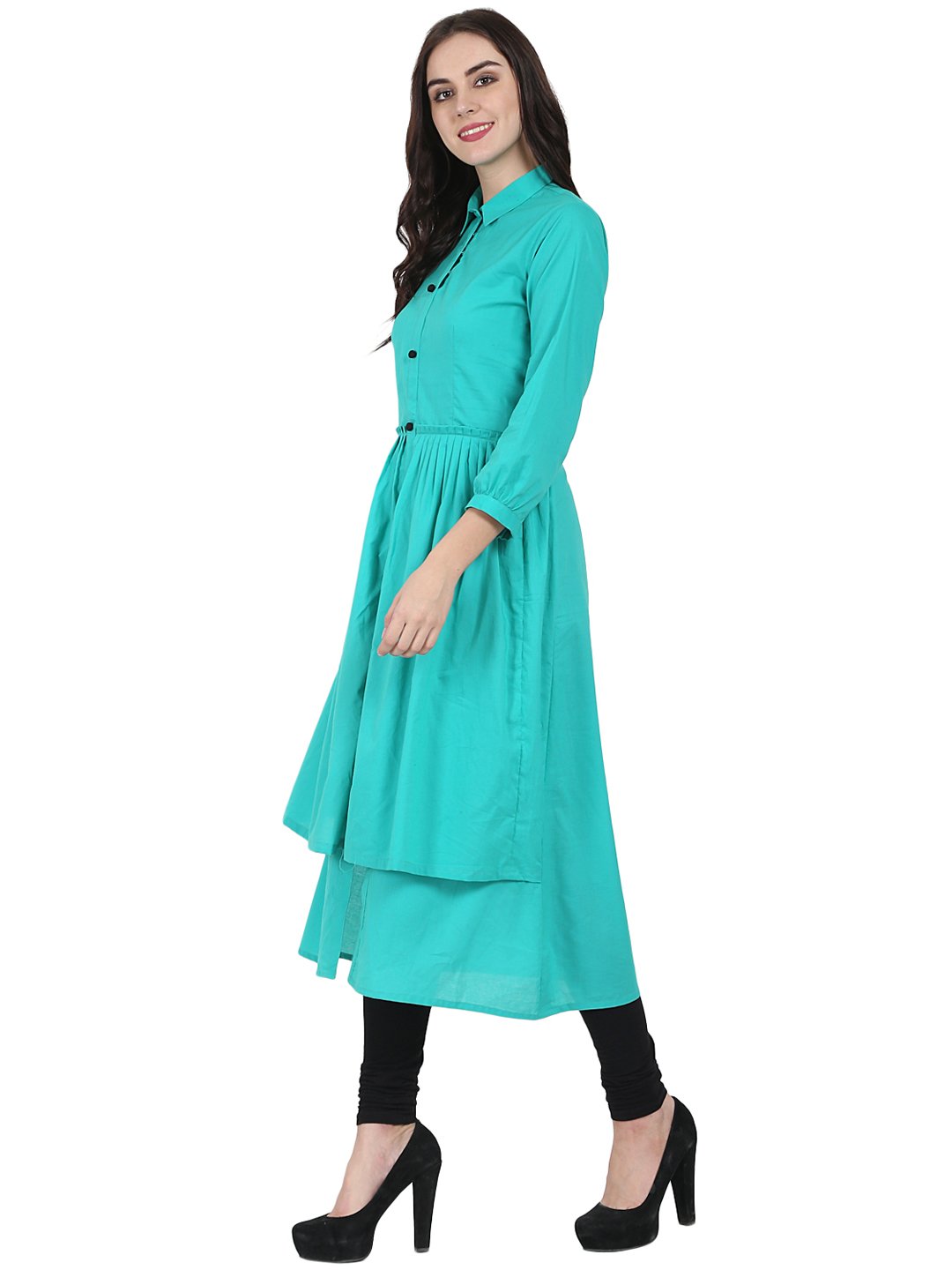 Women's Sea Green 3/4Th Sleeve Cotton Layerd Anarkali Kurta - Nayo Clothing