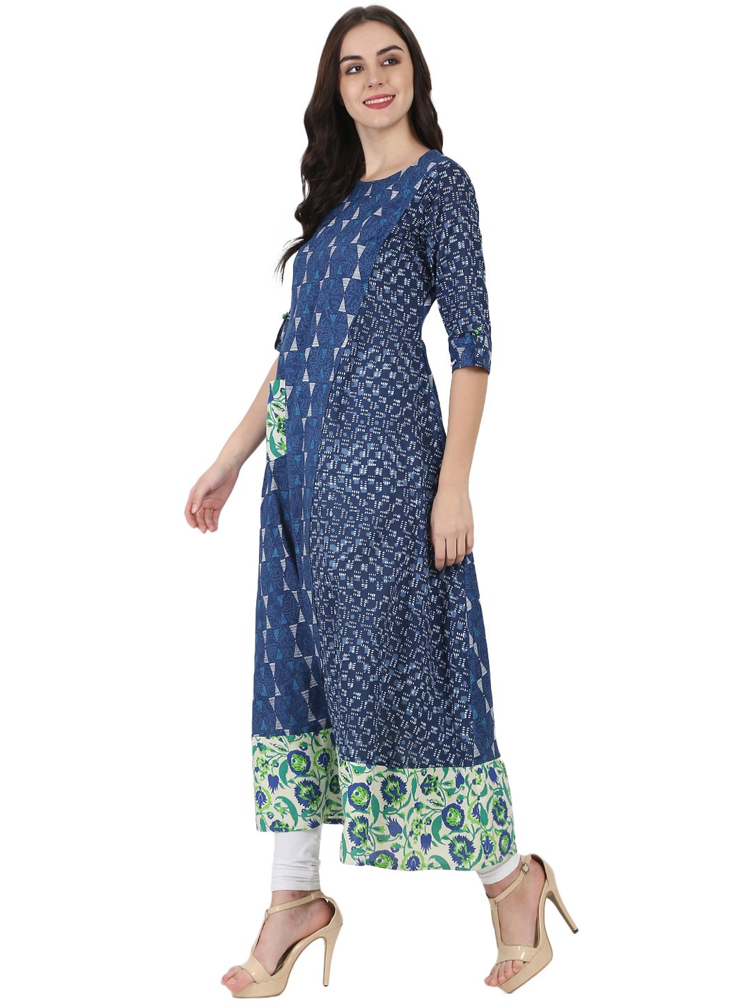 Women's Blue Printed 3/4Th Cotton A-Line Kurta With Side Pocket - Nayo Clothing