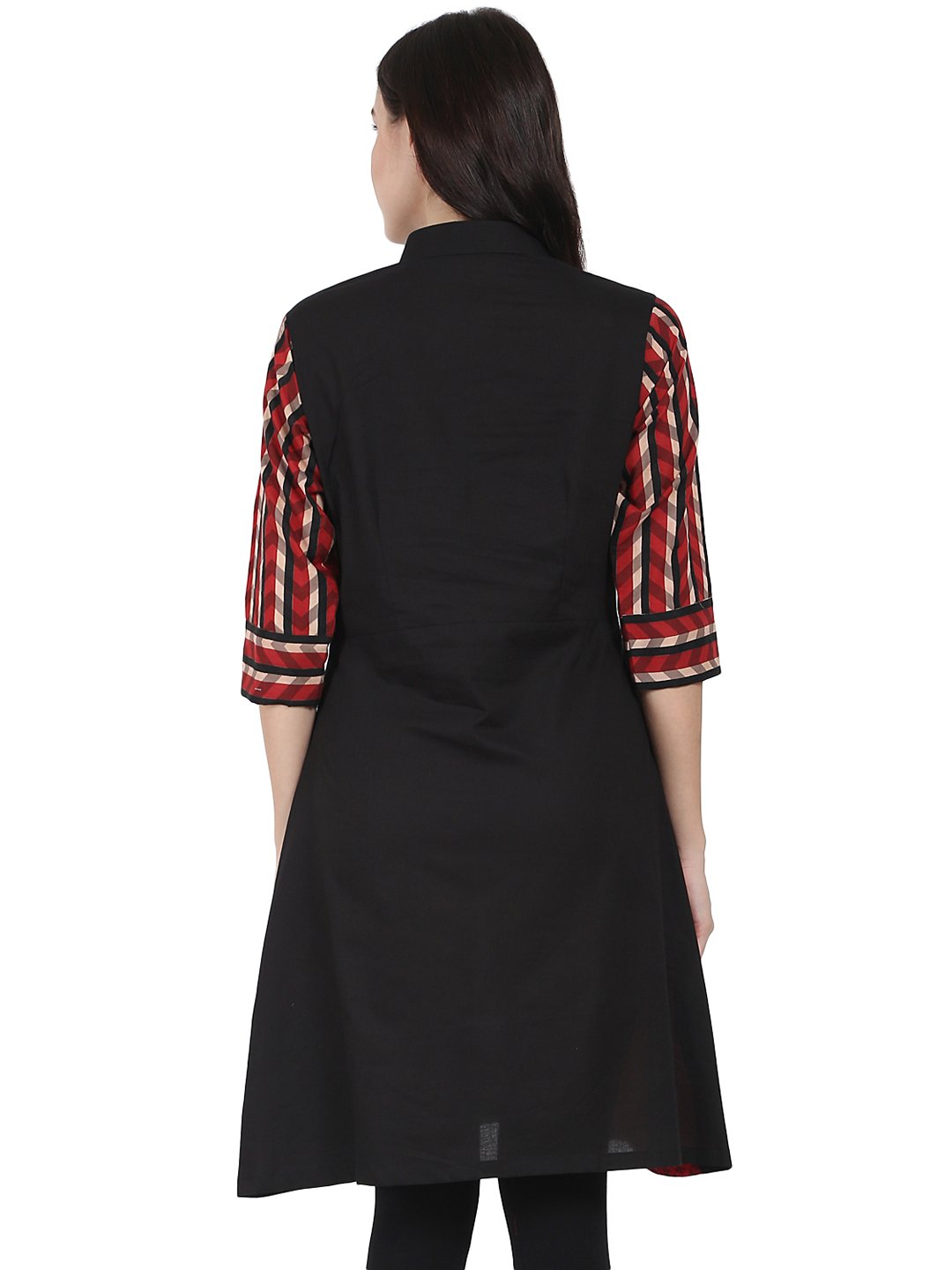 Women's Black Printed 3/4Th Sleeve Cotton A-Line Kurta With Pocket - Nayo Clothing