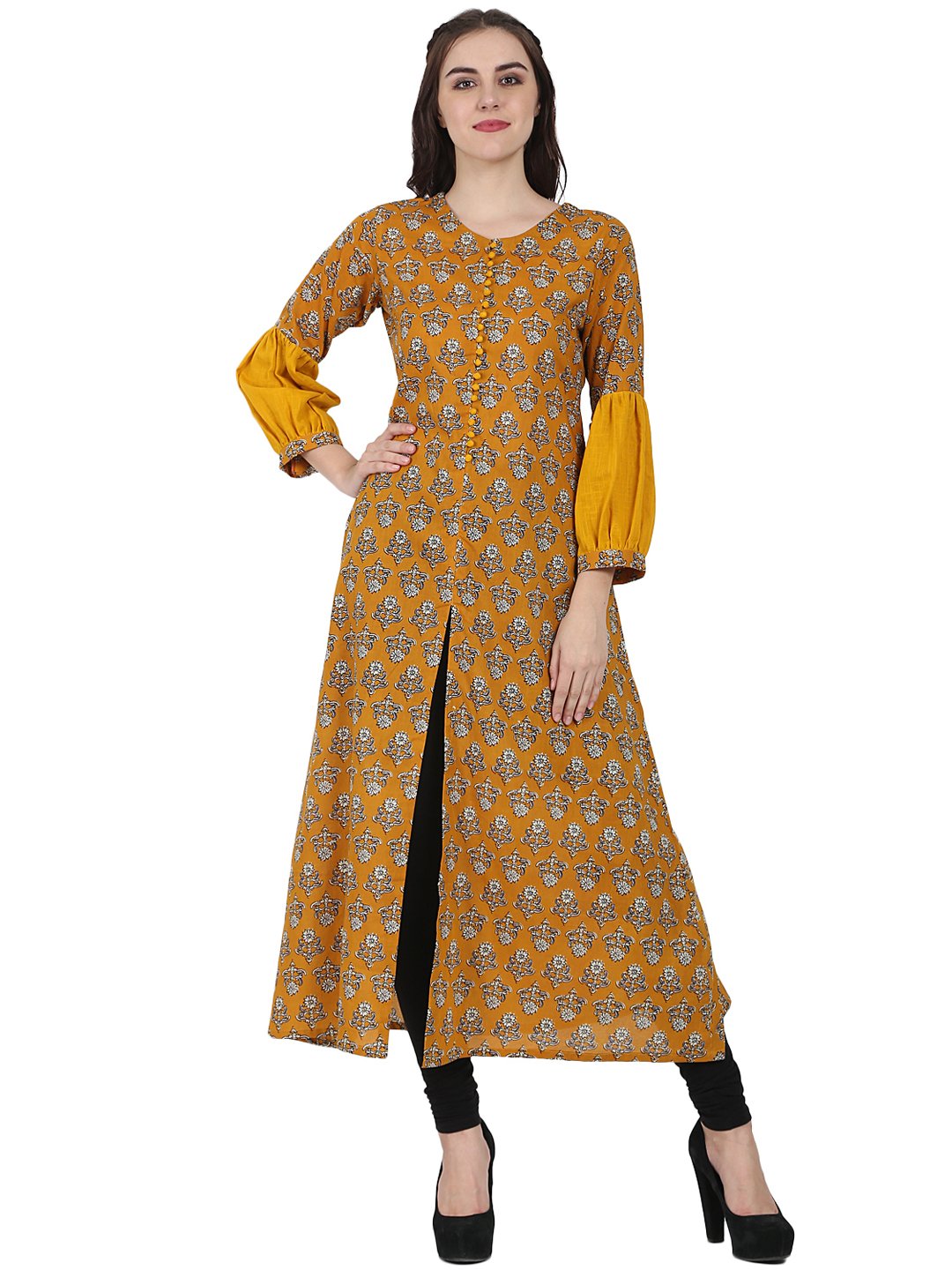 Women's Yellow Printed Full Sleeve Cotton A-Line Kurta With Centre Slit - Nayo Clothing