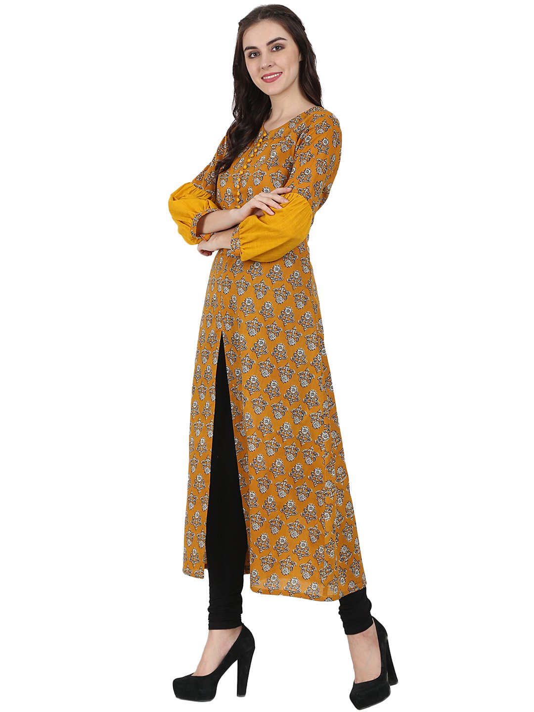 Women's Yellow Printed Full Sleeve Cotton A-Line Kurta With Centre Slit - Nayo Clothing