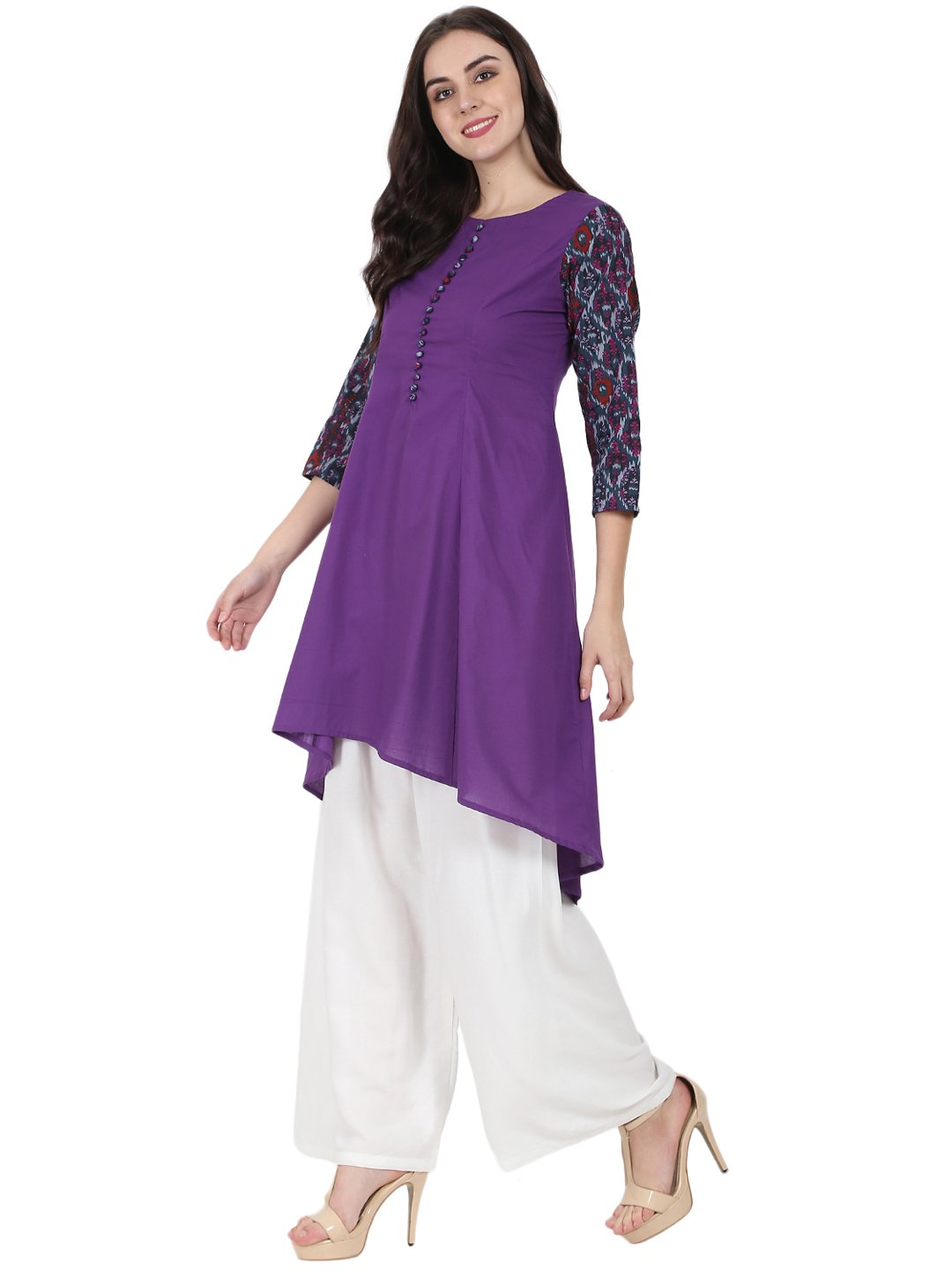 Women's Purple 3/4Th Sleeve Cotton A-Line Kurta - Nayo Clothing