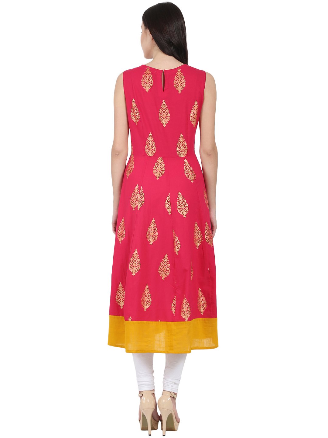 Women's Red Printed Sleeveless Cotton Anarkali Kurta - Nayo Clothing