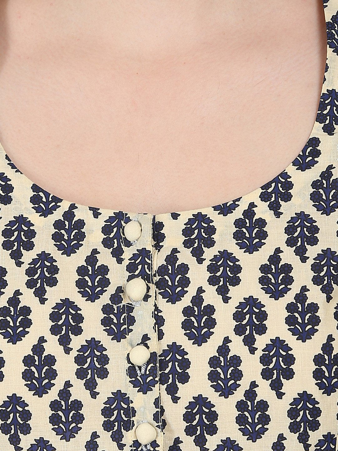 Women's Beige & Blue Printed Half Sleeve Cotton Anarkali Kurta - Nayo Clothing