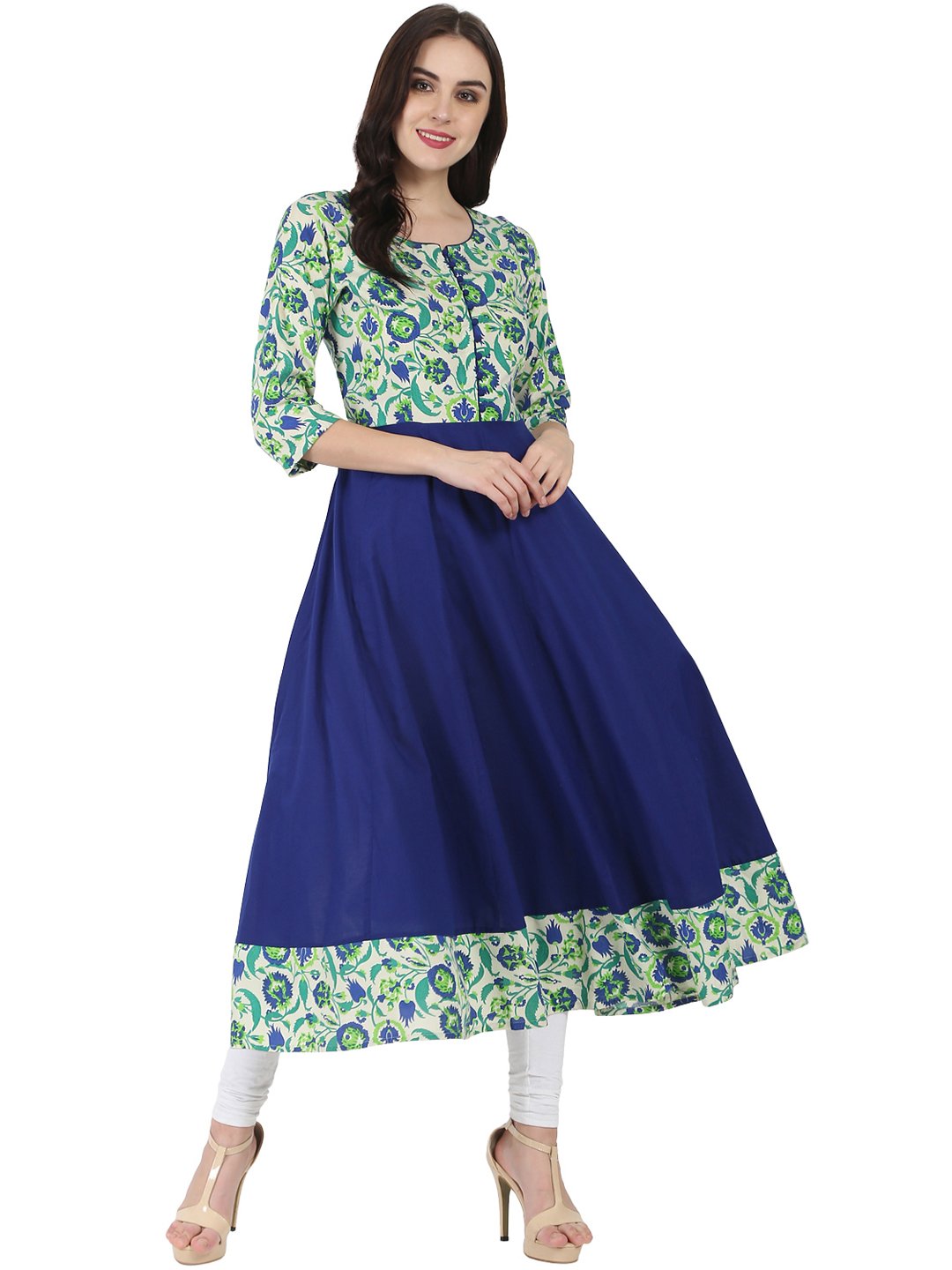 Women's Blue & Green Printed 3/4Th Sleeve Rayon Anarkali Kurta - Nayo Clothing