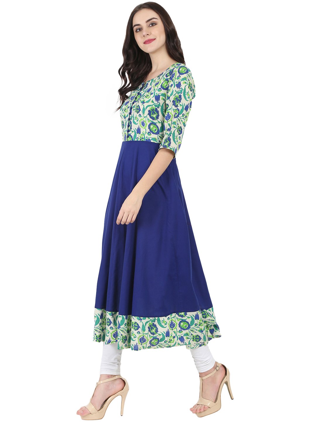 Women's Blue & Green Printed 3/4Th Sleeve Rayon Anarkali Kurta - Nayo Clothing