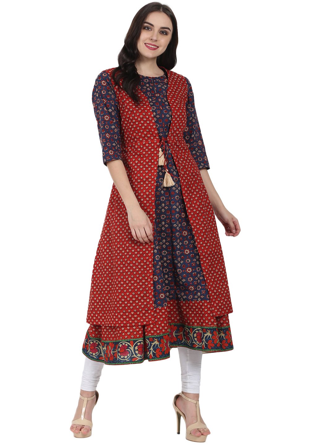 Women's Blue Printed 3/4Th Sleeve Cotton Anarkali Kurta With Red Printed Sleeveless Long Jacket - Nayo Clothing