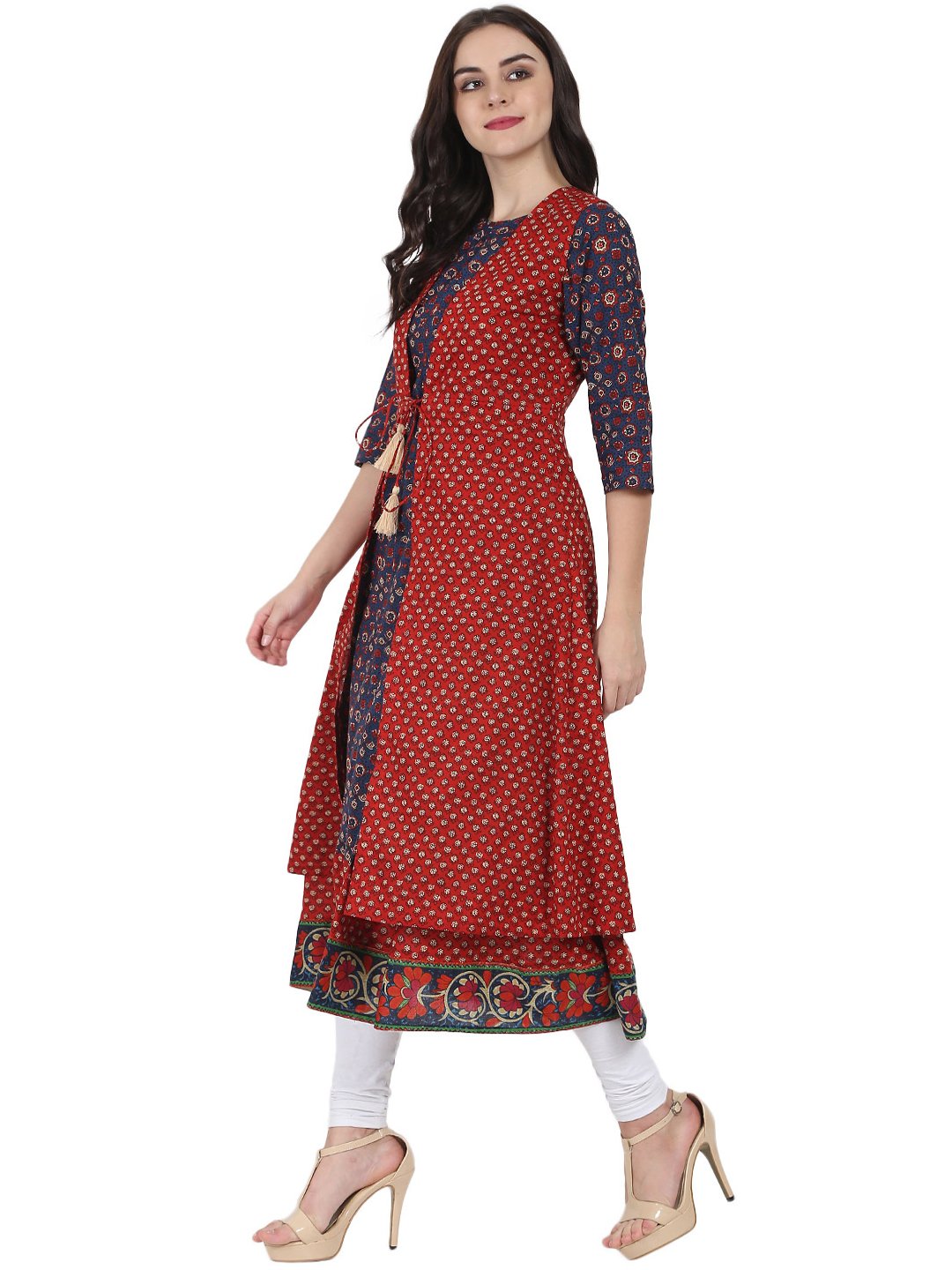 Women's Blue Printed 3/4Th Sleeve Cotton Anarkali Kurta With Red Printed Sleeveless Long Jacket - Nayo Clothing