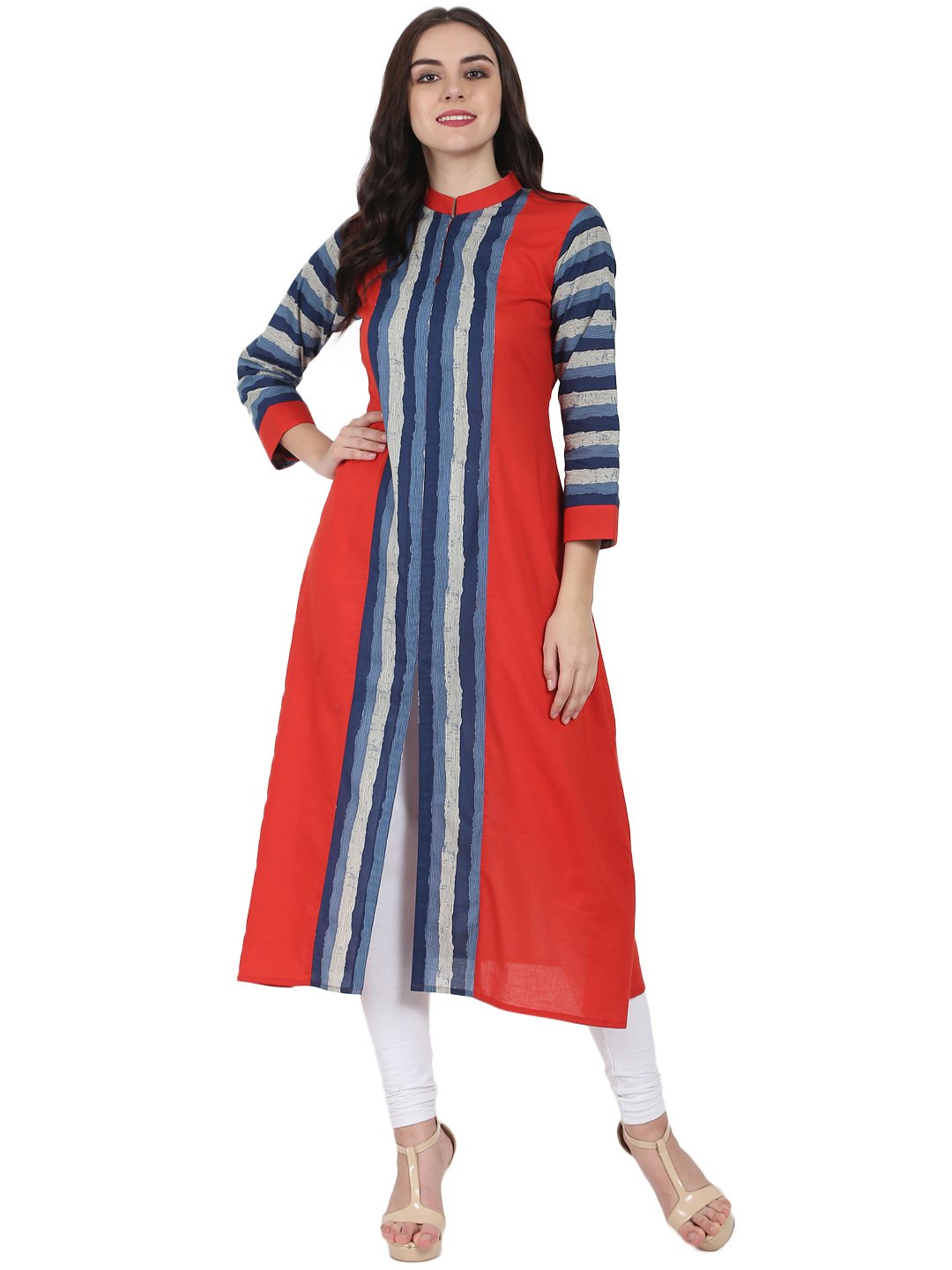 Women's Blue & Red Printed 3/4Th Sleeve Long Cotton Kurta - Nayo Clothing