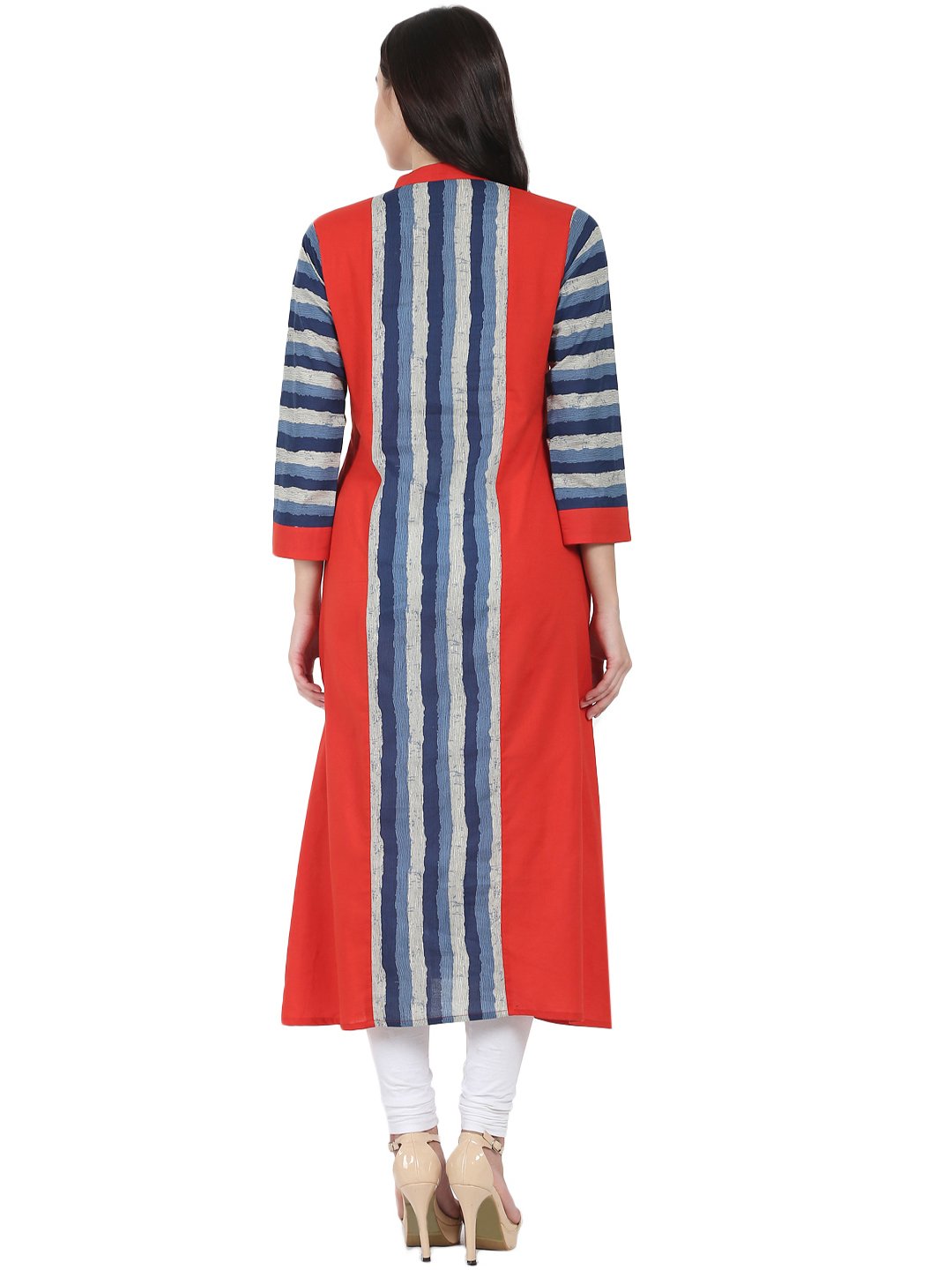 Women's Blue & Red Printed 3/4Th Sleeve Long Cotton Kurta - Nayo Clothing