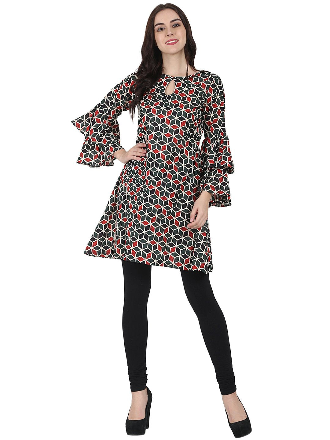Women's Green Printed Full Sleeve Cotton A-Line Tunic With Flared Sleeve - Nayo Clothing