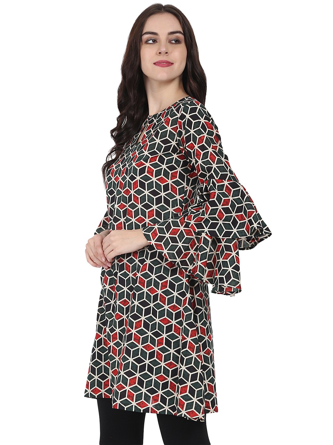 Women's Green Printed Full Sleeve Cotton A-Line Tunic With Flared Sleeve - Nayo Clothing