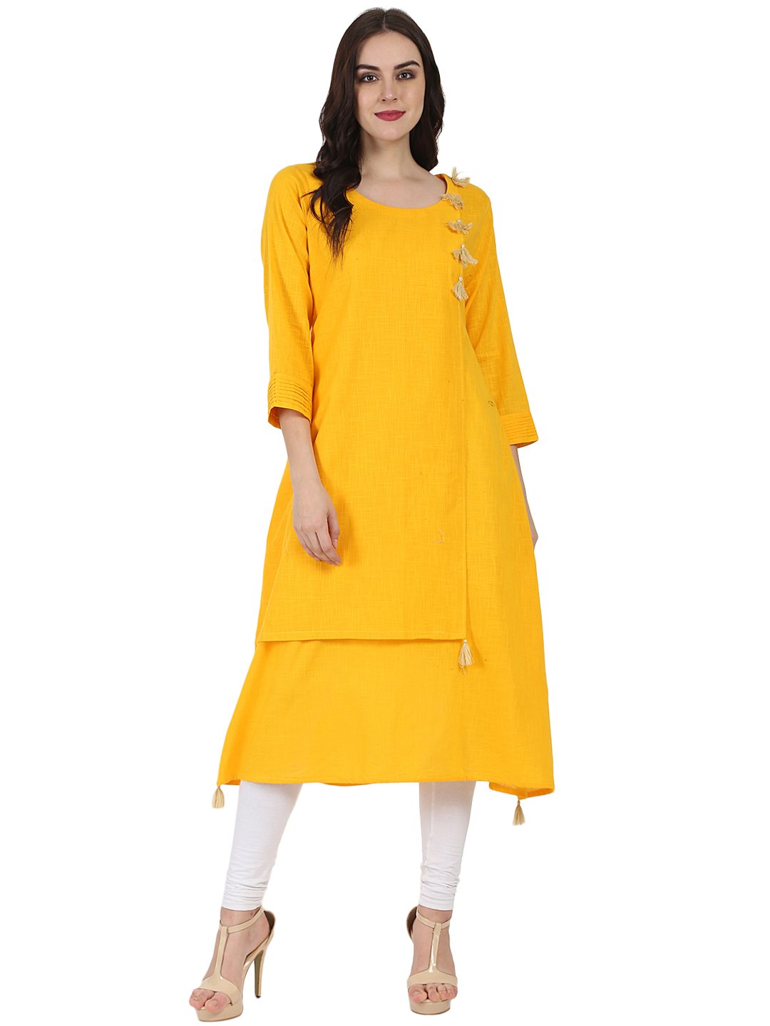 Women's Yellow 3/4Th Sleeve Cotton Slub A-Line Kurta - Nayo Clothing