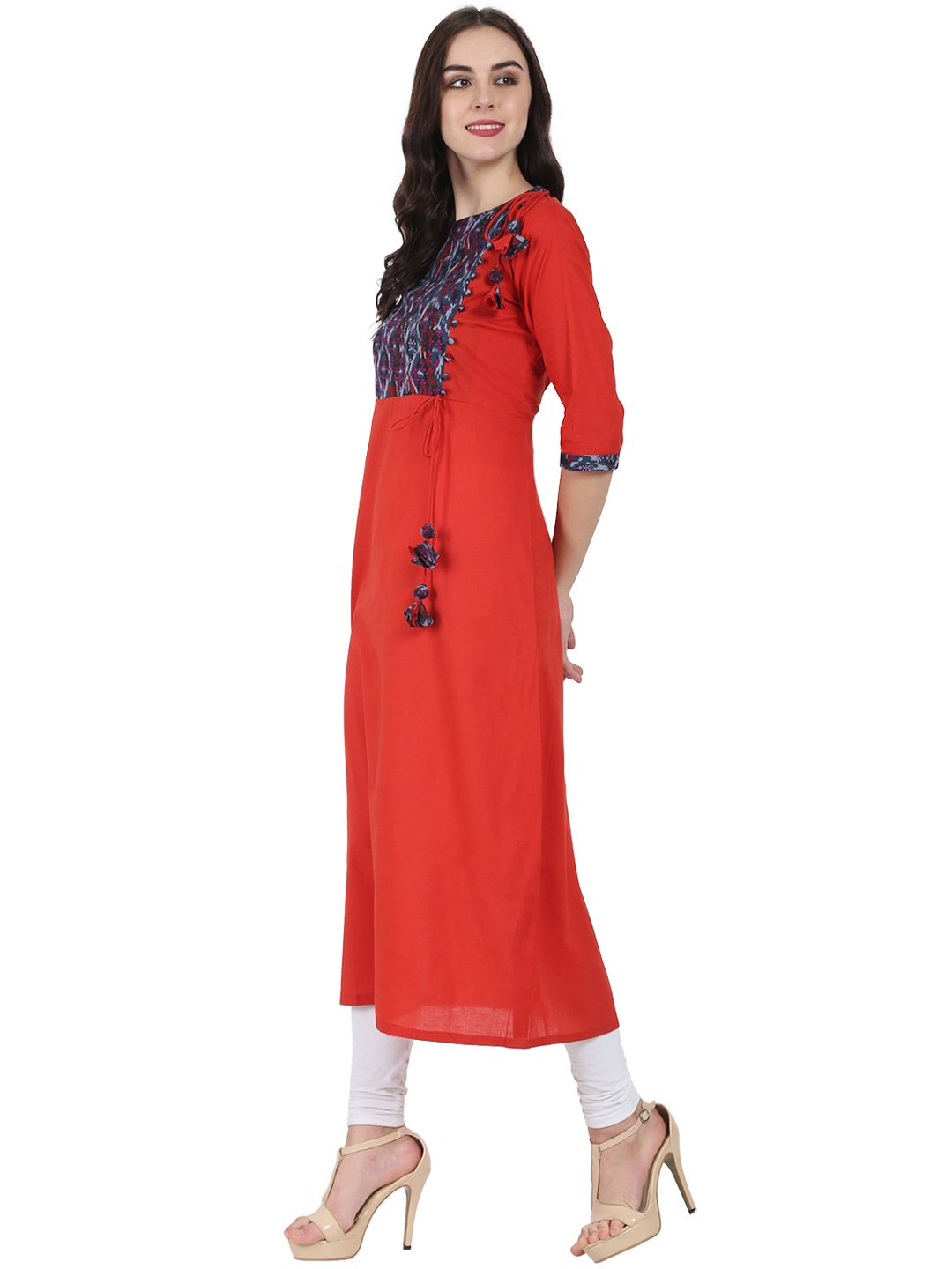 Women's Red 3/4Th Sleeve Cotton A-Line Kurta With Dori & Latkan Work At Yoke - Nayo Clothing