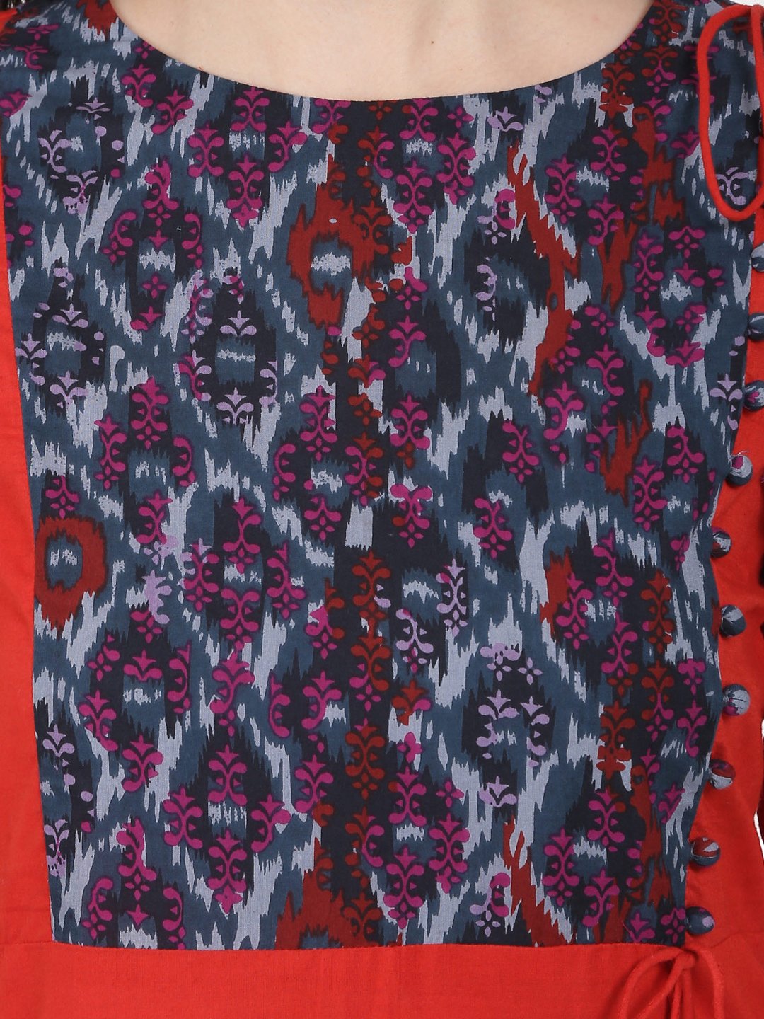 Women's Red 3/4Th Sleeve Cotton A-Line Kurta With Dori & Latkan Work At Yoke - Nayo Clothing